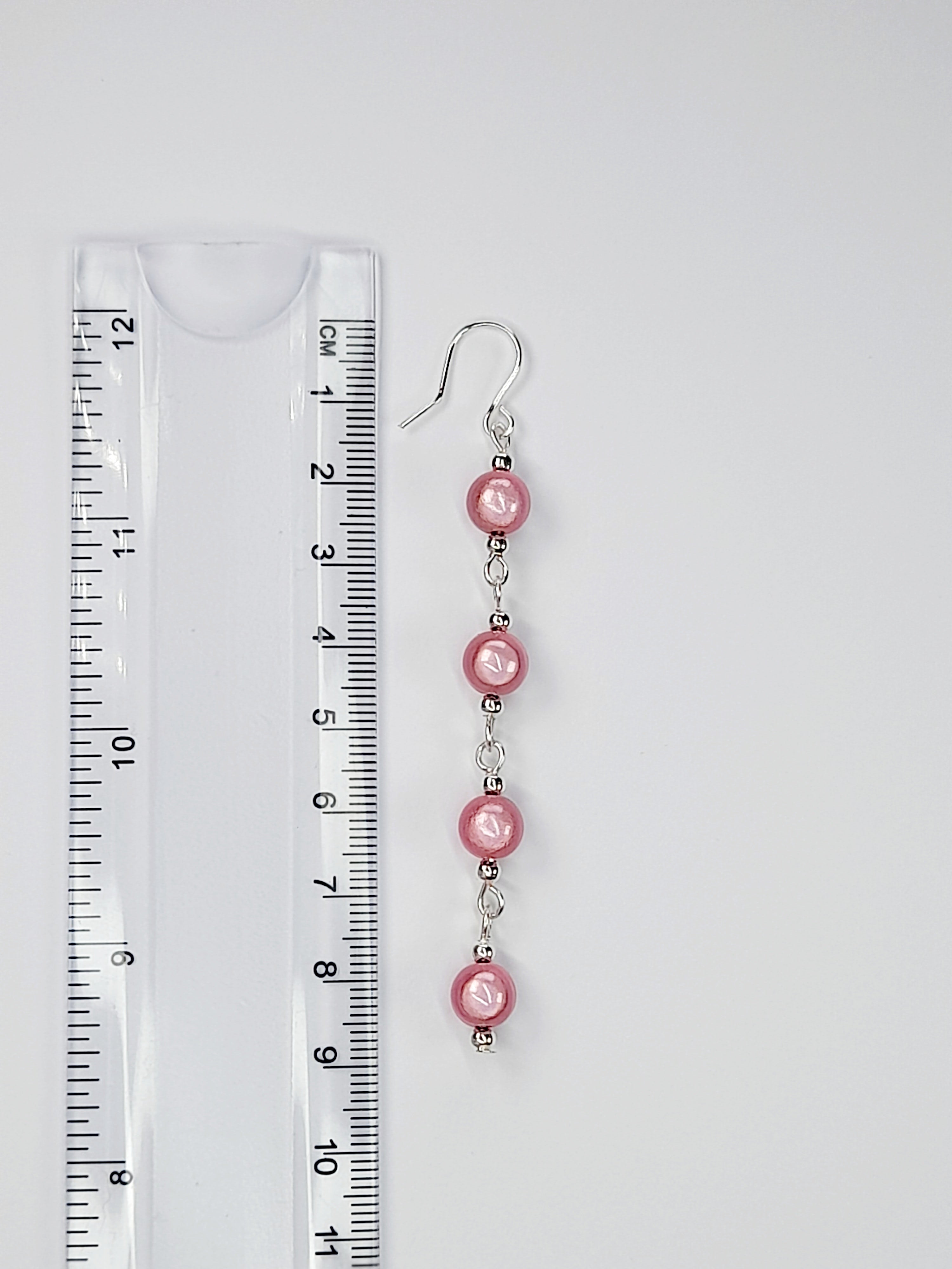 Long Pale Pink Beaded Drop Earrings, Handmade Four Link Dangle Earrings