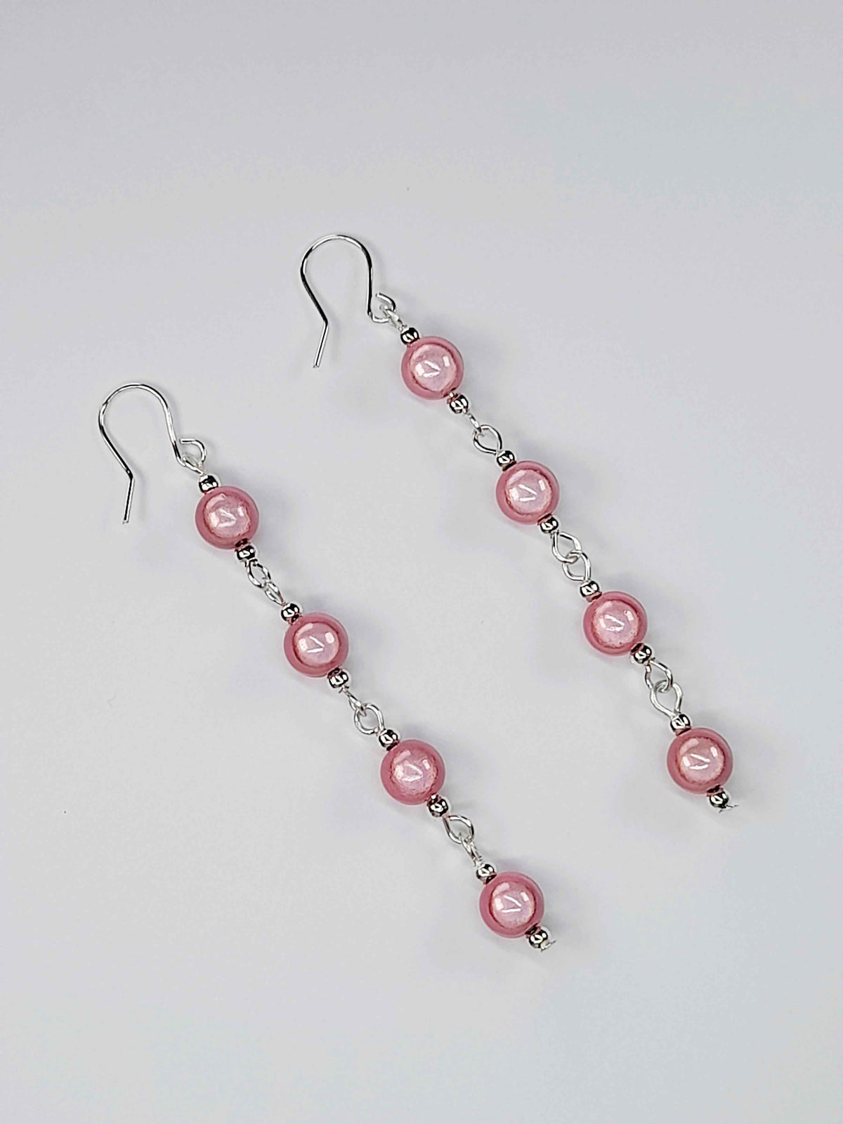 Long Pale Pink Beaded Drop Earrings, Handmade Four Link Dangle Earrings