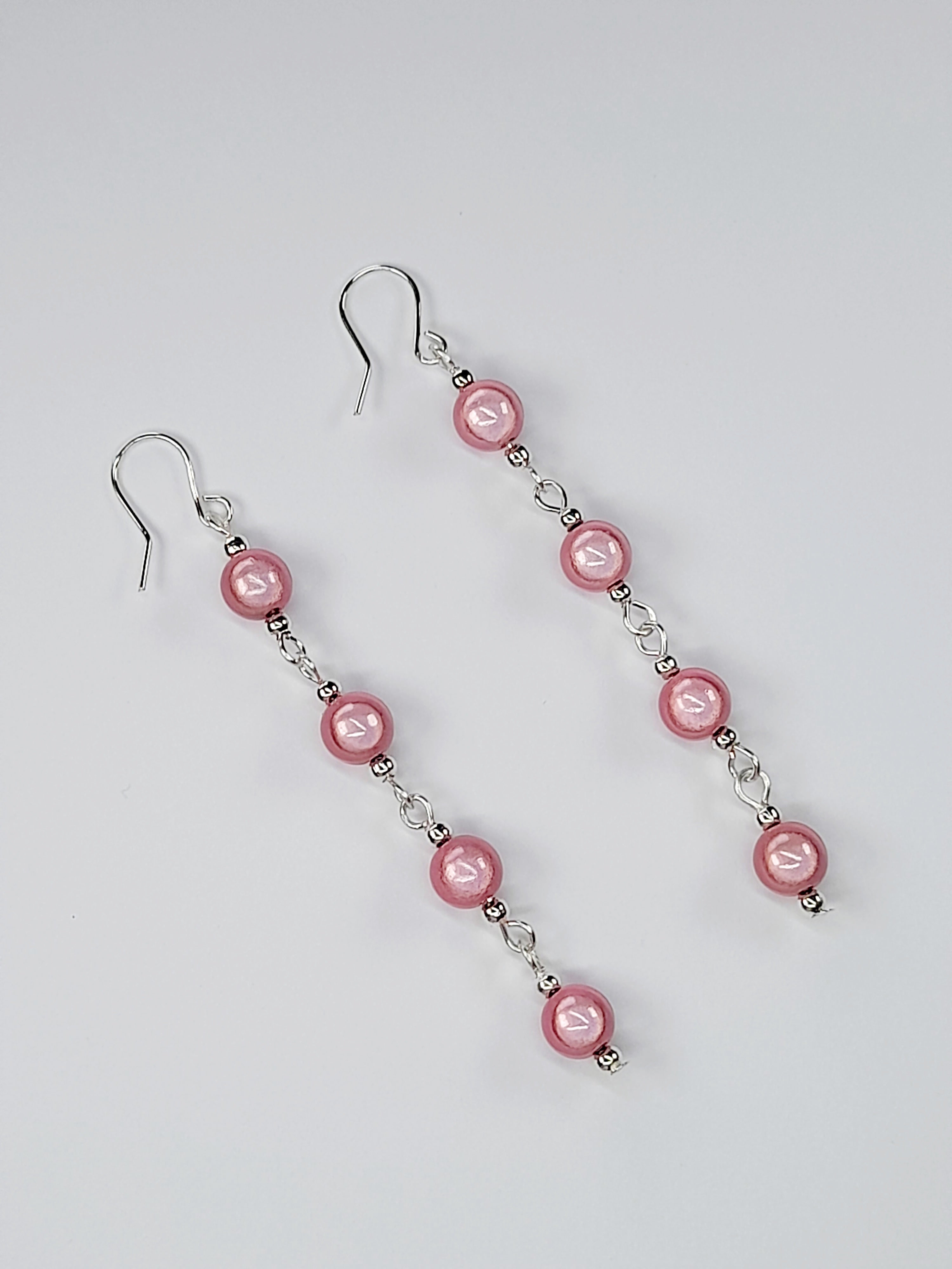 Long Pale Pink Beaded Drop Earrings, Handmade Four Link Dangle Earrings