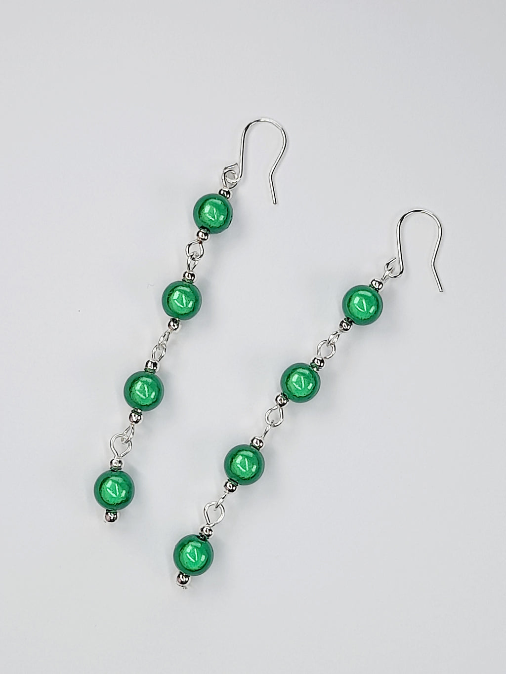 Long Bright Green Beaded Drop Earrings, Handmade Four Link Dangle Earrings