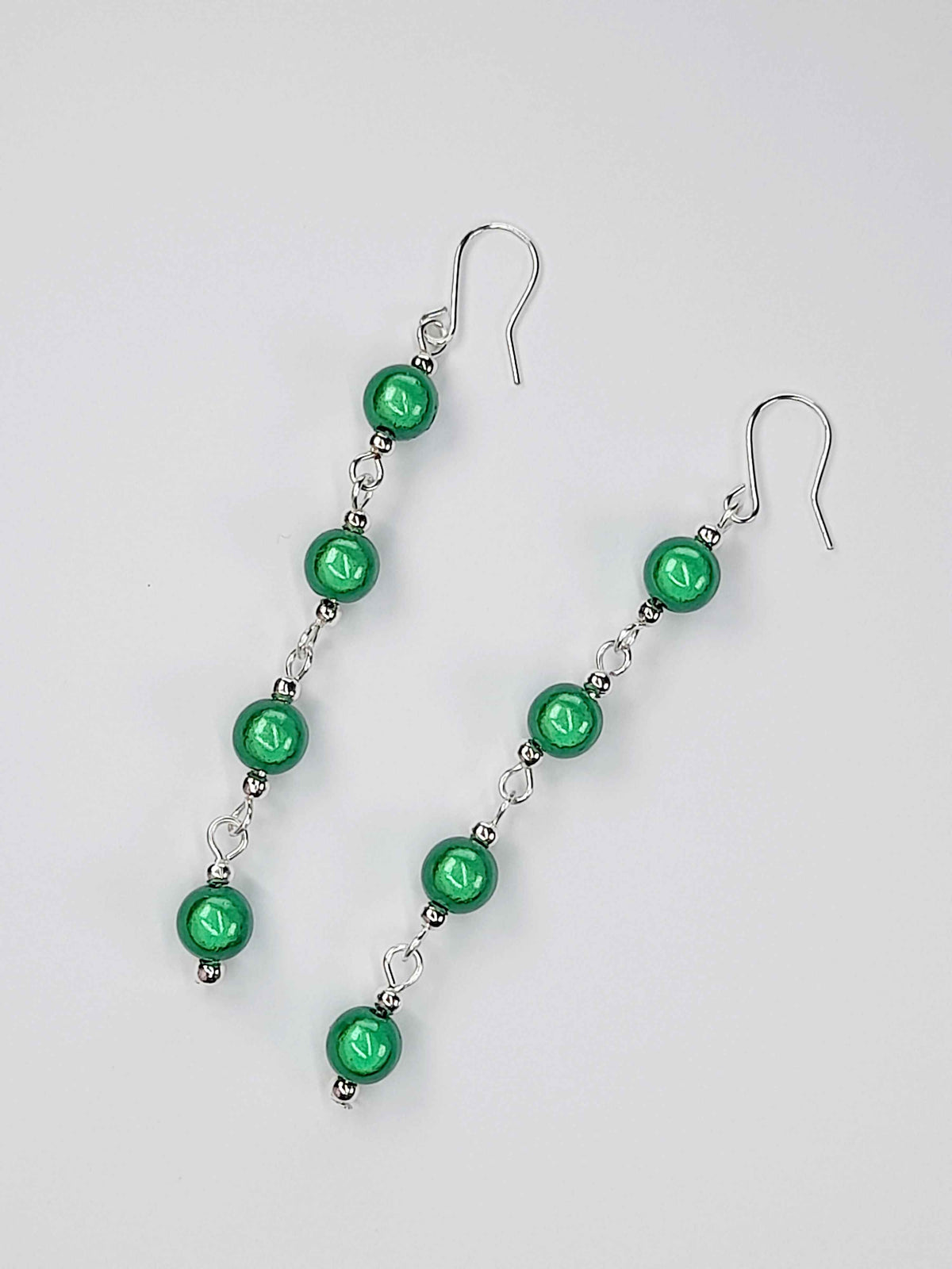 Long Bright Green Beaded Drop Earrings, Handmade Four Link Dangle Earrings