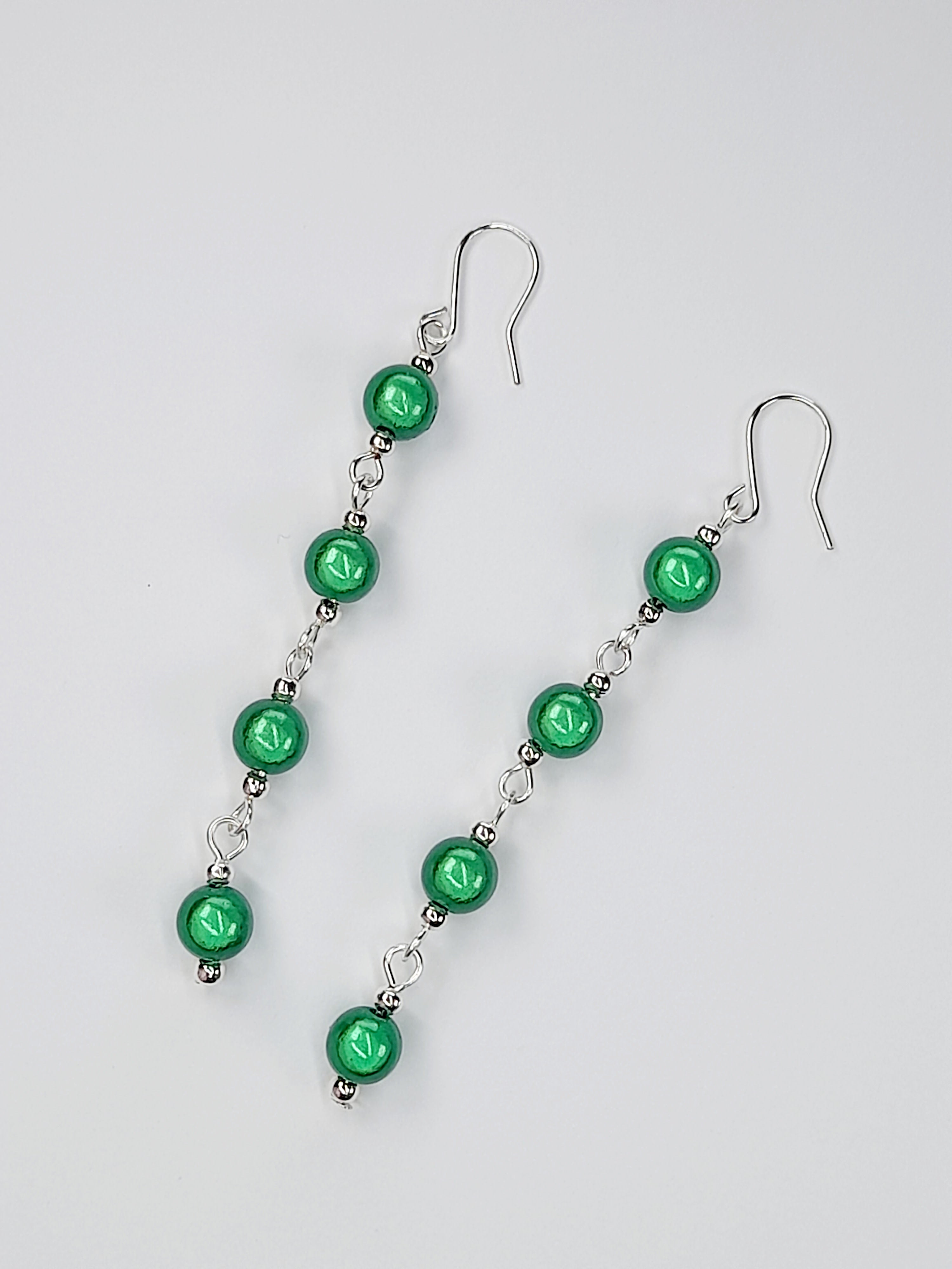 Long Bright Green Beaded Drop Earrings, Handmade Four Link Dangle Earrings