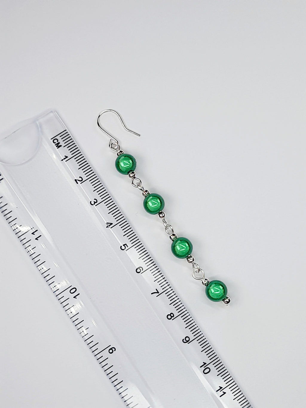 Long Bright Green Beaded Drop Earrings, Handmade Four Link Dangle Earrings