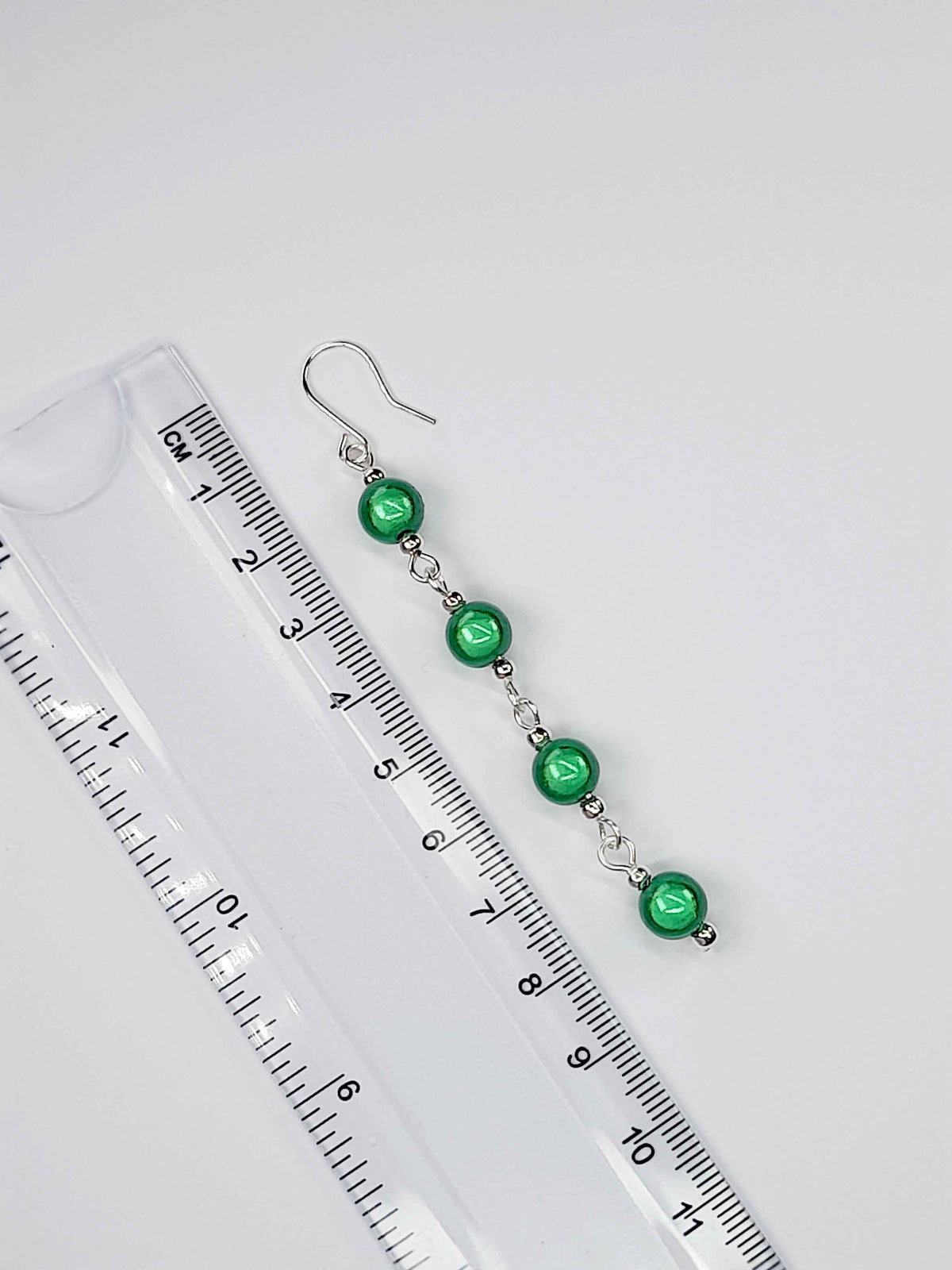 Long Bright Green Beaded Drop Earrings, Handmade Four Link Dangle Earrings