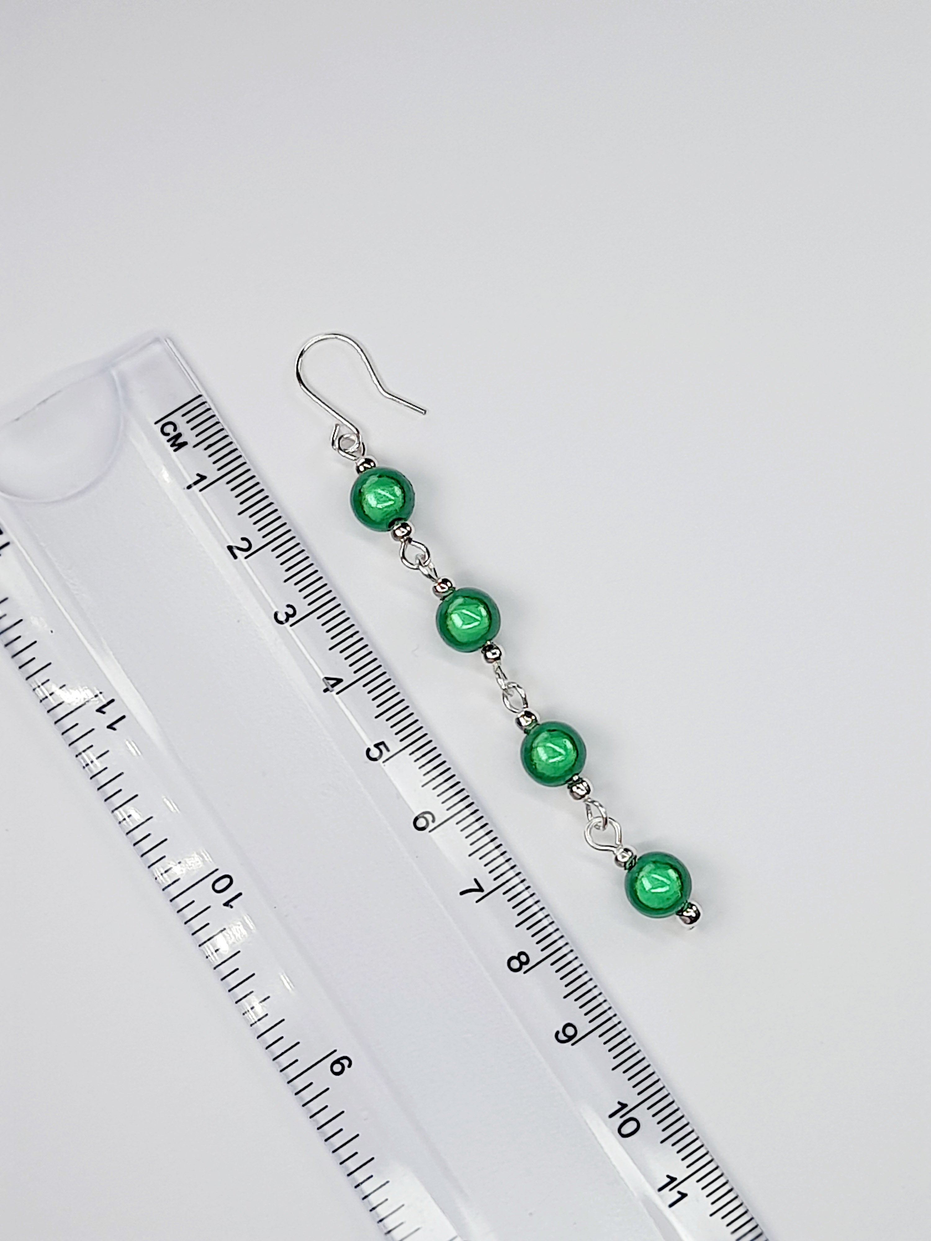Long Bright Green Beaded Drop Earrings, Handmade Four Link Dangle Earrings