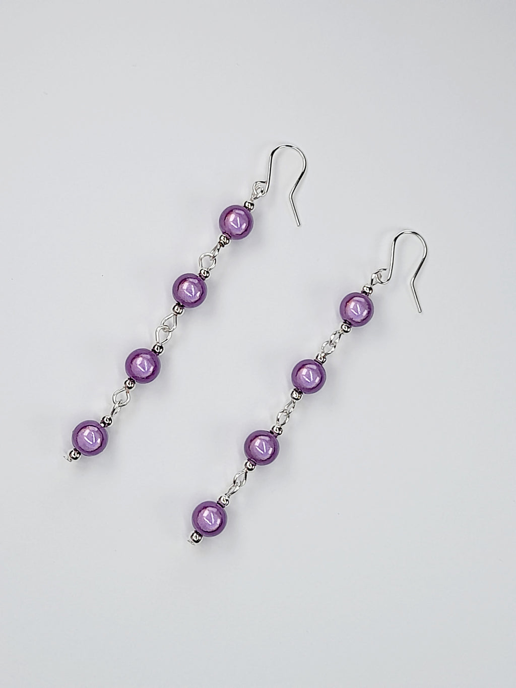Long Lilac Beaded Drop Earrings, Handmade Four Link Dangle Earrings