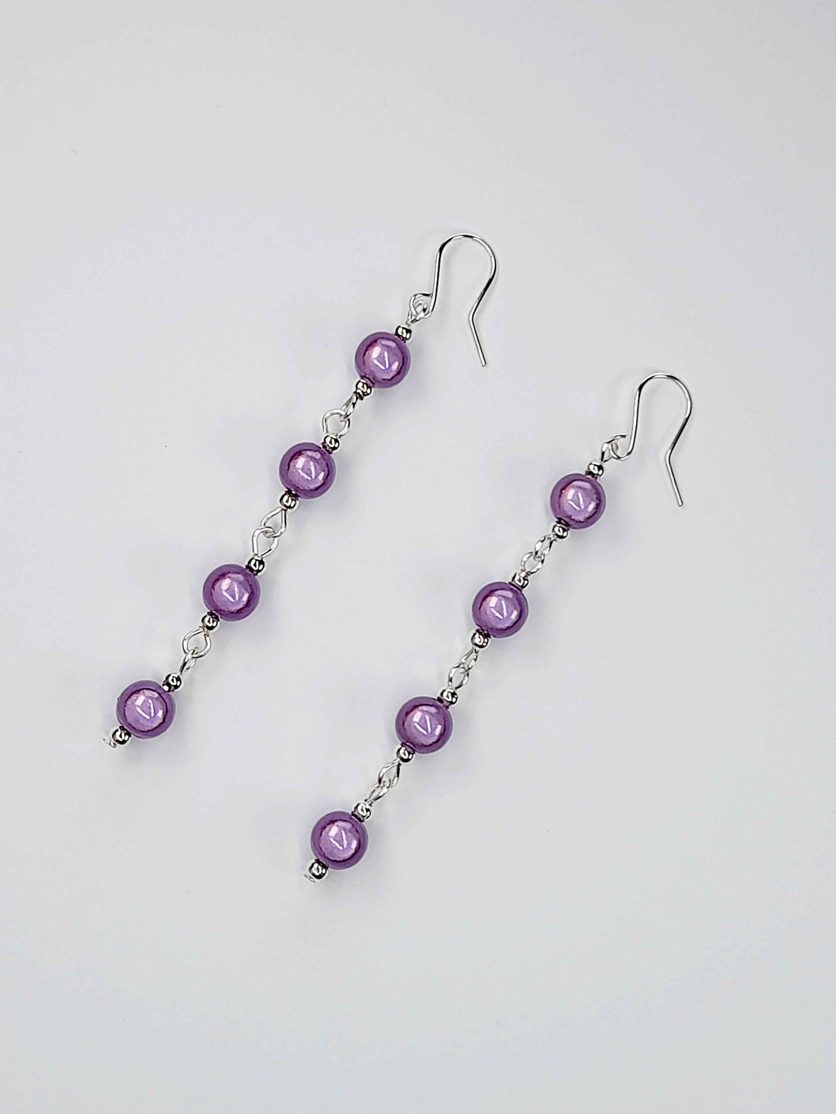 Long Lilac Beaded Drop Earrings, Handmade Four Link Dangle Earrings