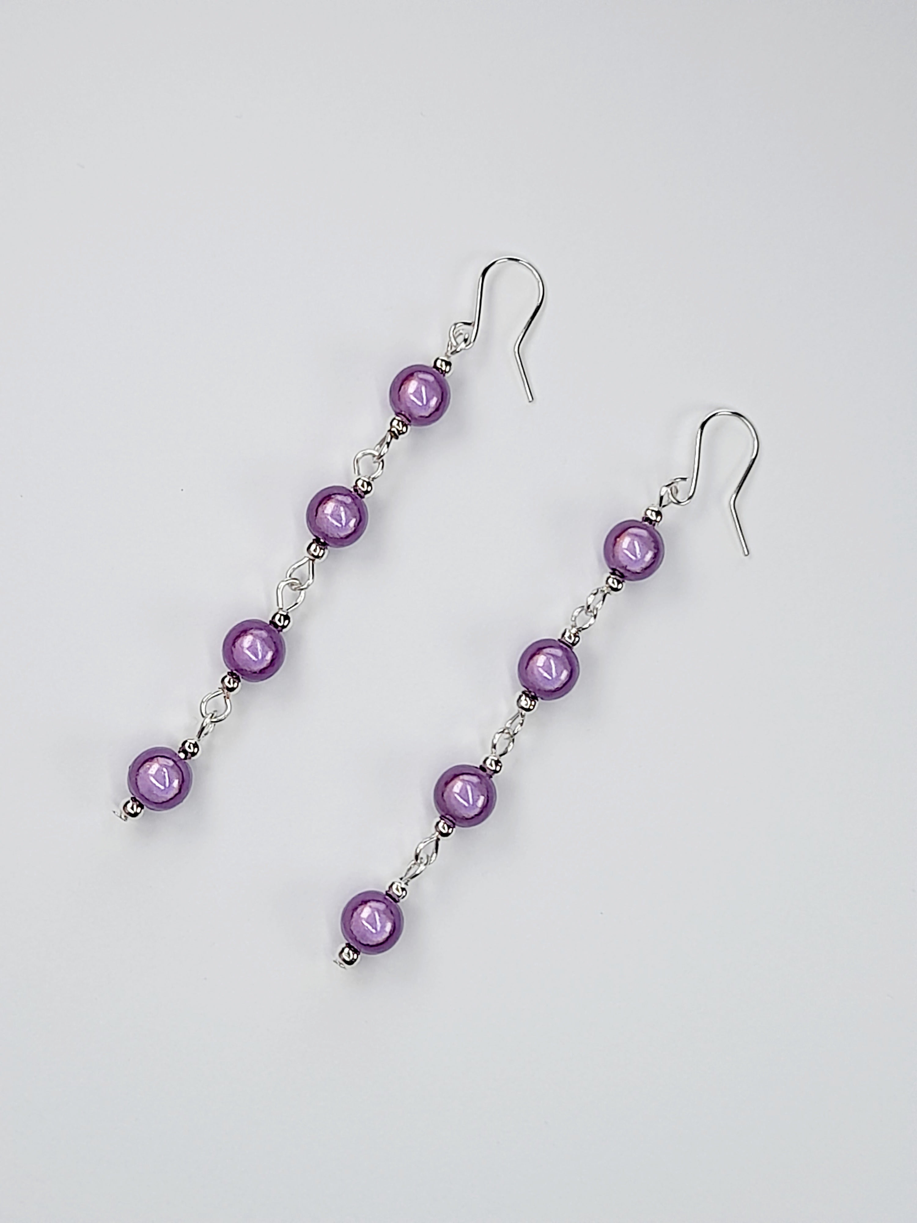 Long Lilac Beaded Drop Earrings, Handmade Four Link Dangle Earrings