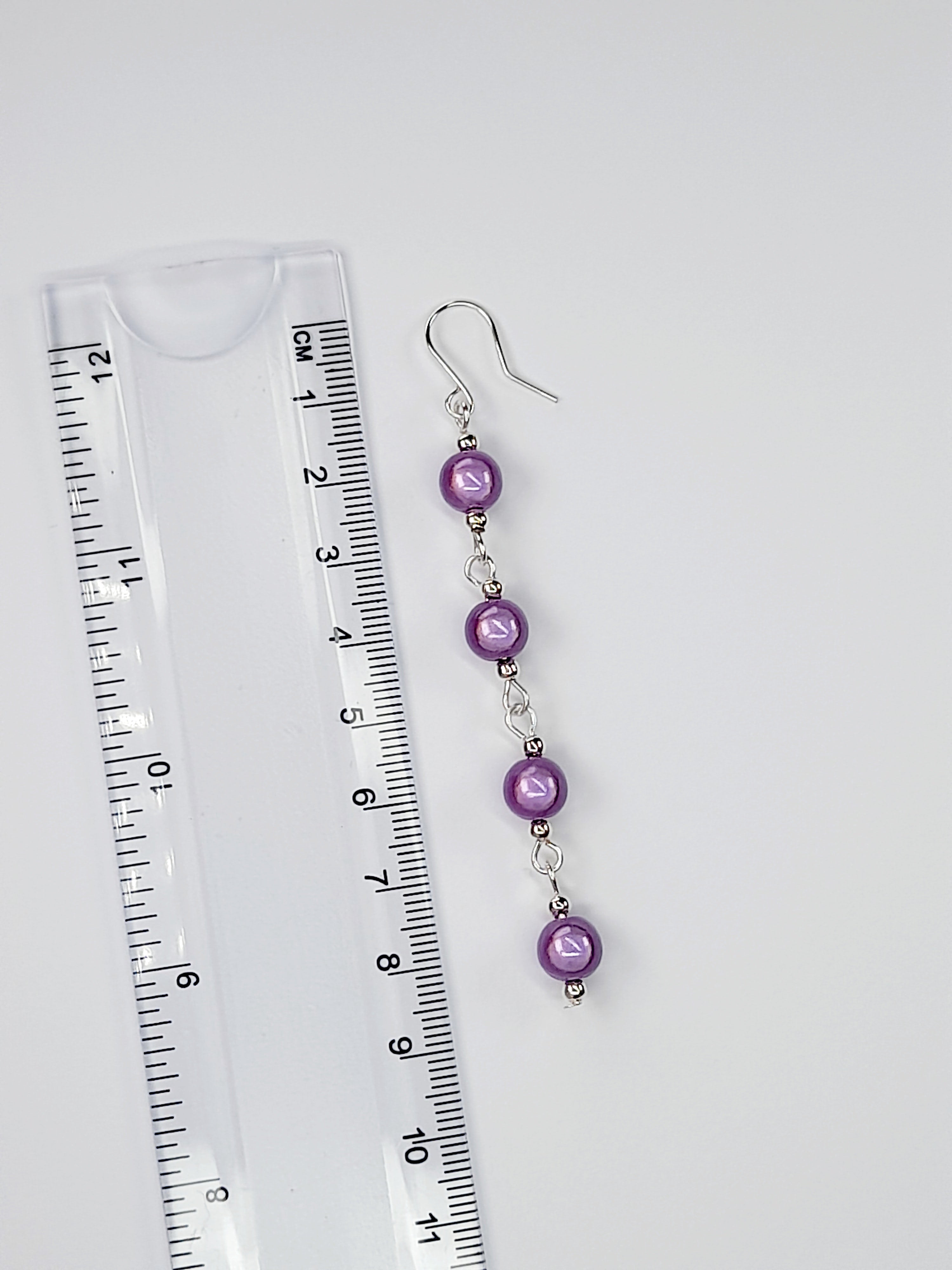 Long Lilac Beaded Drop Earrings, Handmade Four Link Dangle Earrings