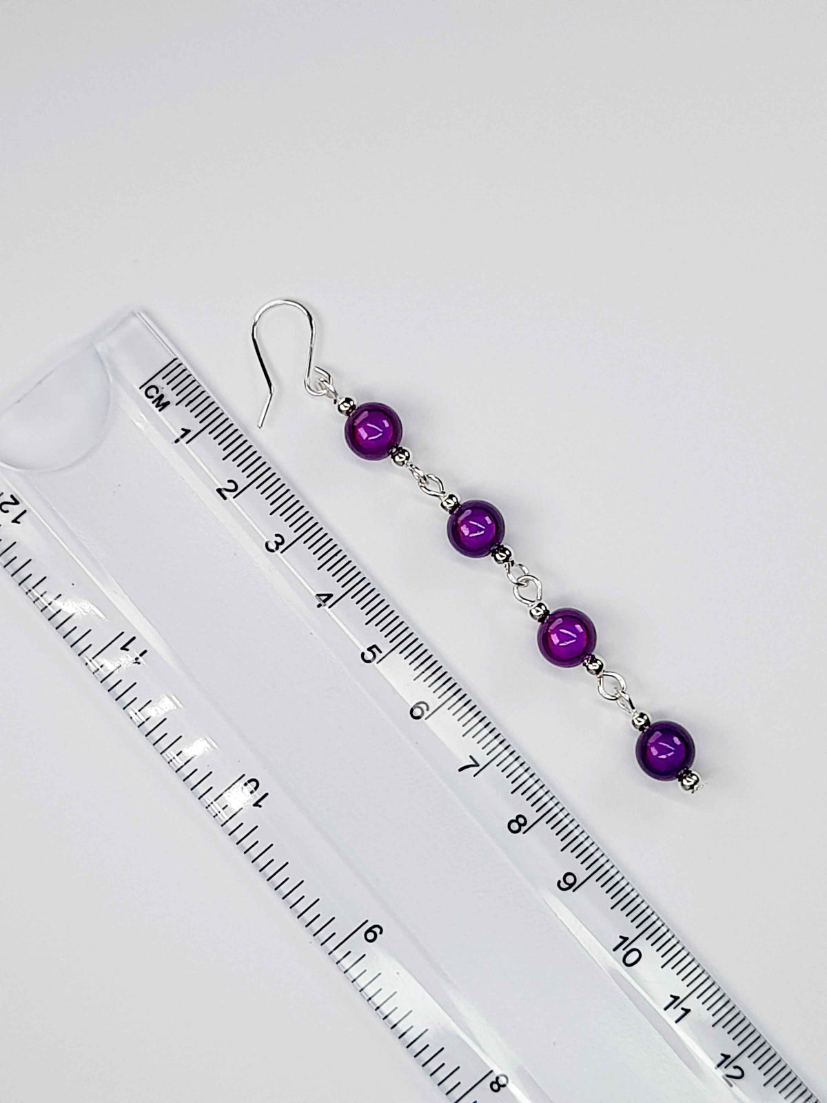 Long Dark Purple Beaded Drop Earrings, Handmade Four Link Dangle Earrings