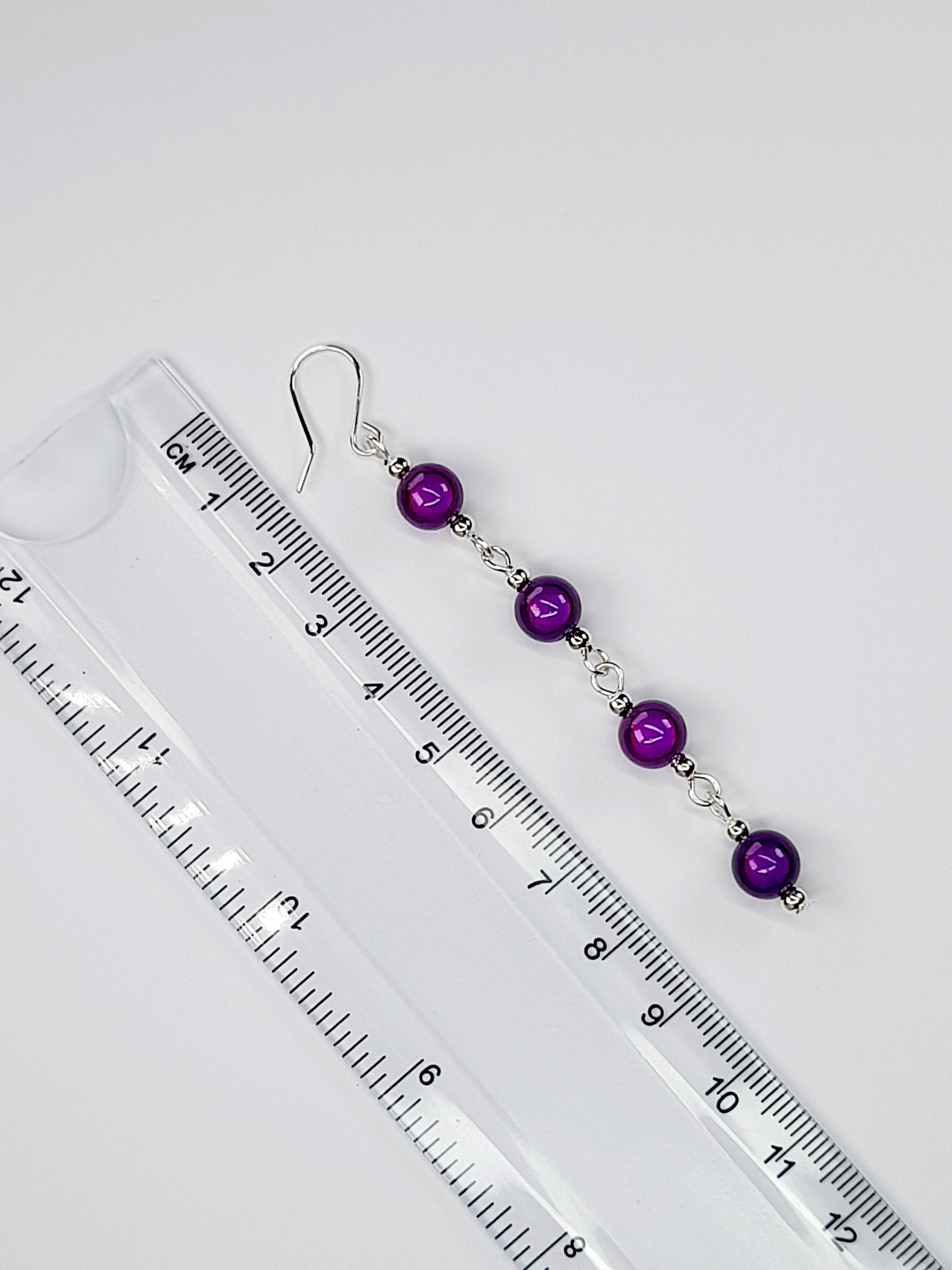 Long Dark Purple Beaded Drop Earrings, Handmade Four Link Dangle Earrings