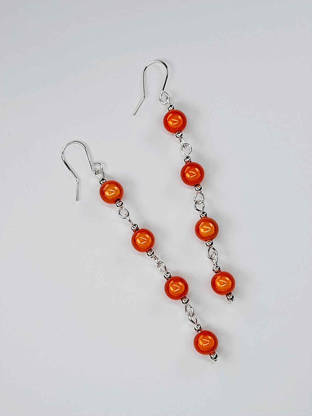 Long Bright Orange Beaded Drop Earrings, Handmade Four Link Dangle Earrings