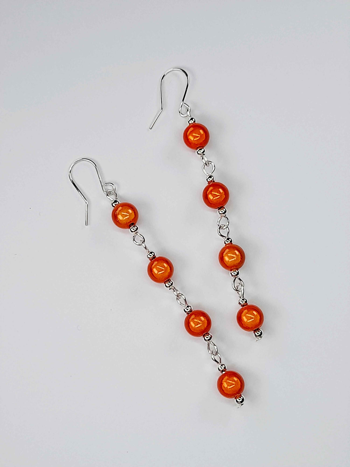 Long Bright Orange Beaded Drop Earrings, Handmade Four Link Dangle Earrings
