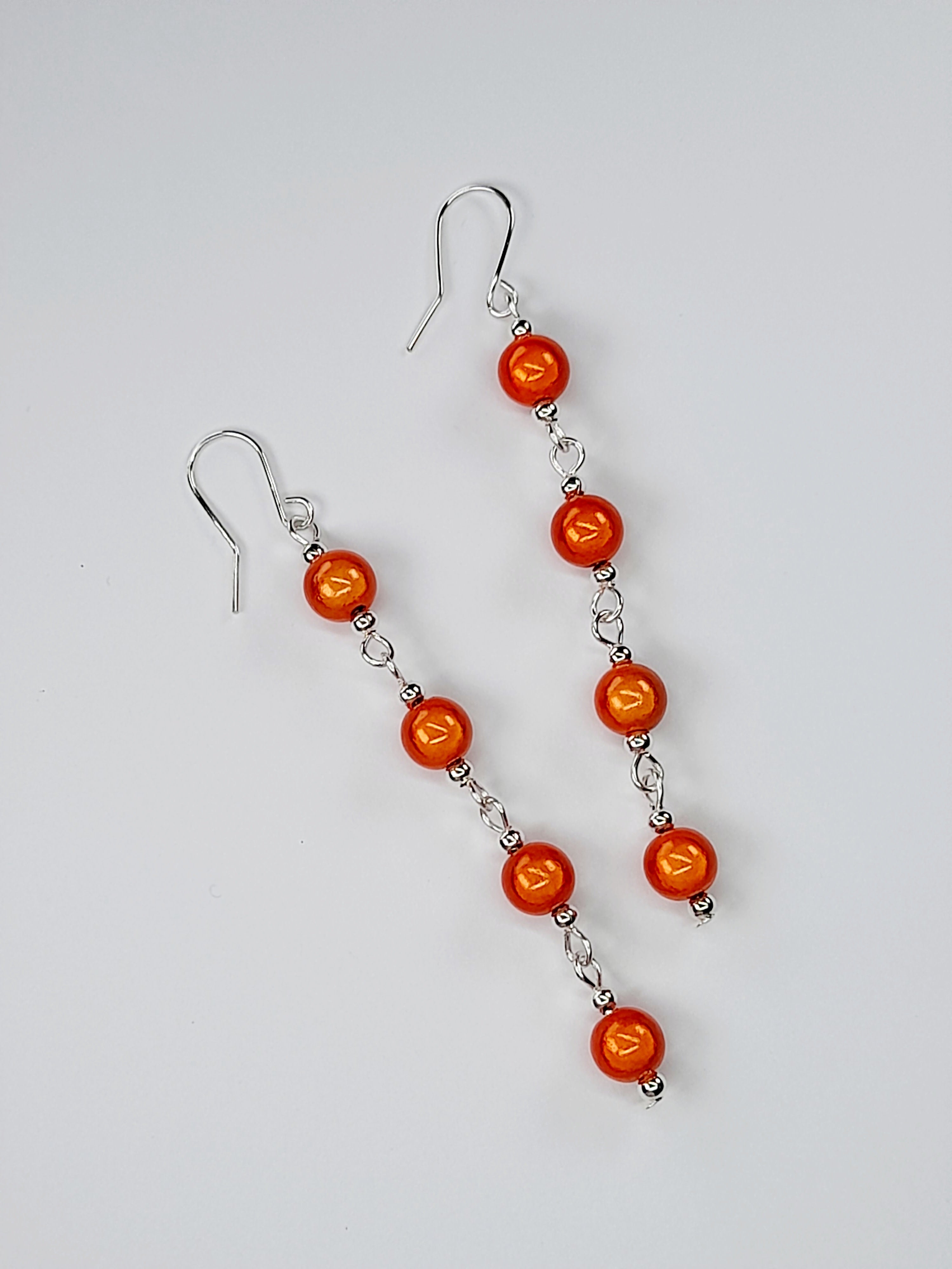 Long Bright Orange Beaded Drop Earrings, Handmade Four Link Dangle Earrings