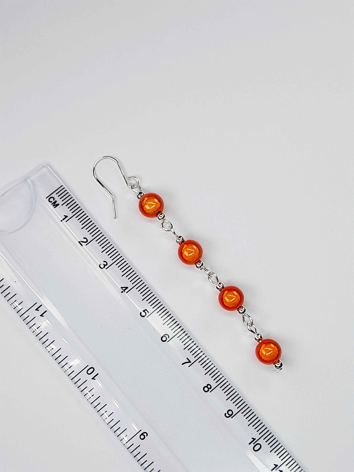 Long Bright Orange Beaded Drop Earrings, Handmade Four Link Dangle Earrings