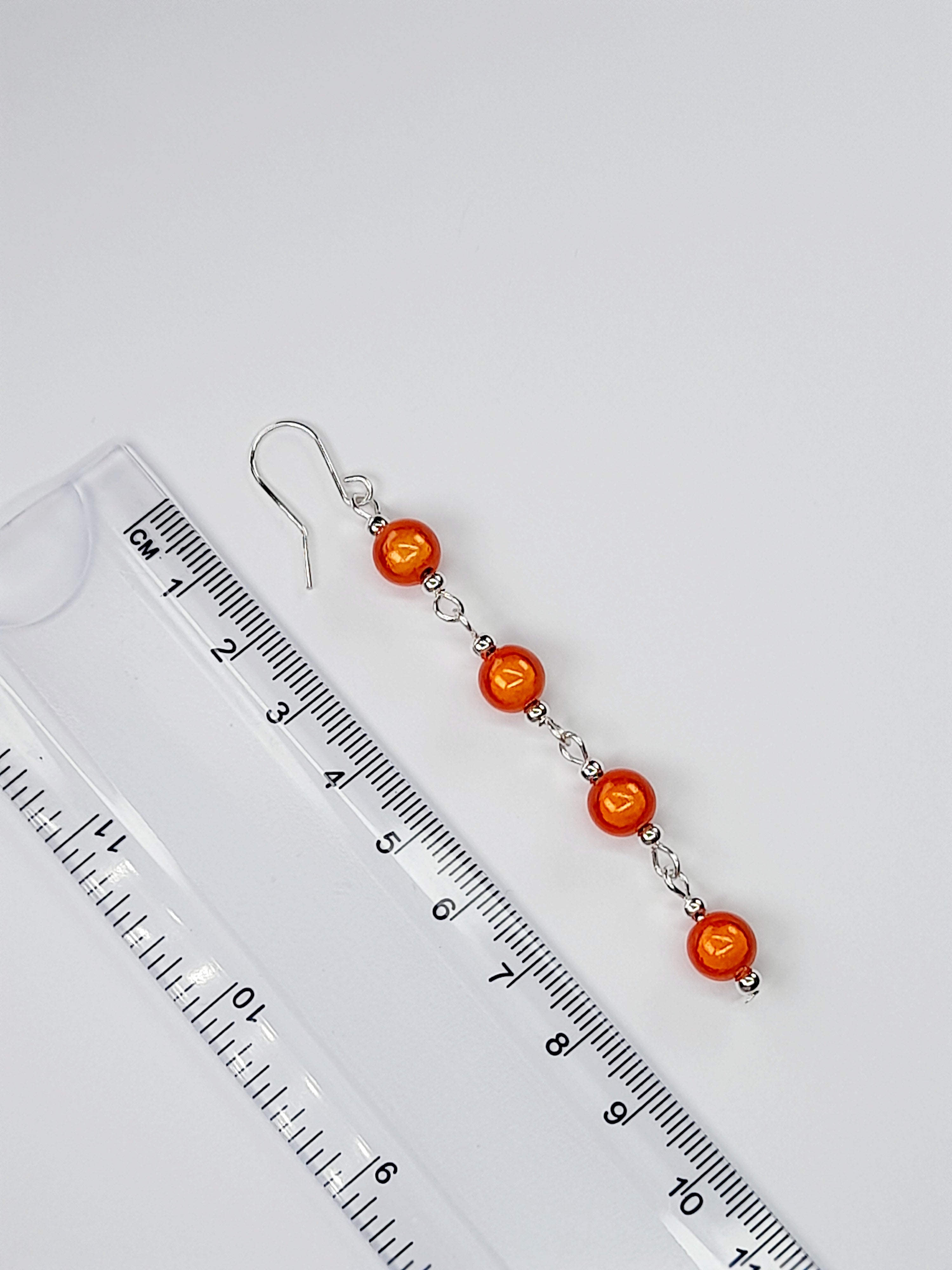 Long Bright Orange Beaded Drop Earrings, Handmade Four Link Dangle Earrings