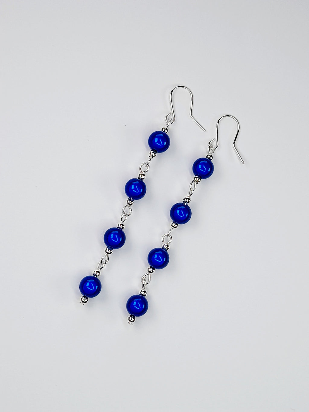 Long Bright Blue Beaded Drop Earrings, Handmade Four Link Dangle Earrings