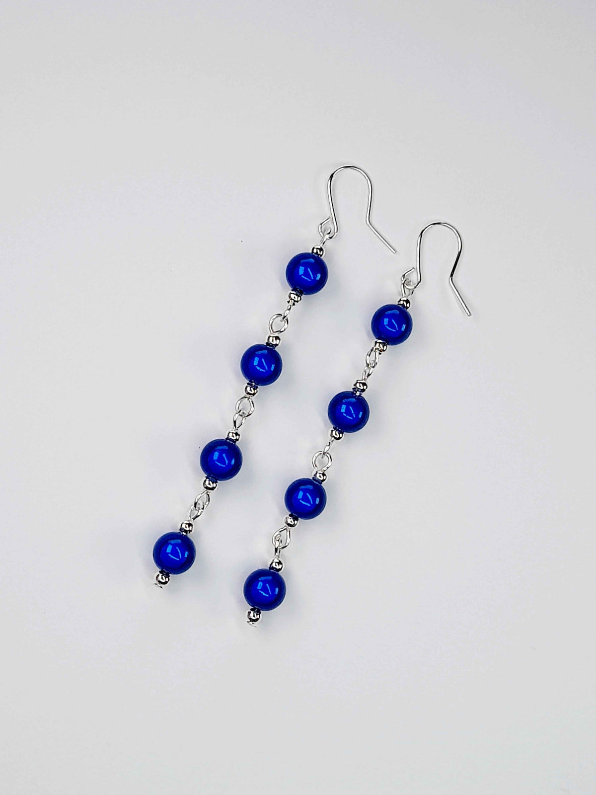 Long Bright Blue Beaded Drop Earrings, Handmade Four Link Dangle Earrings