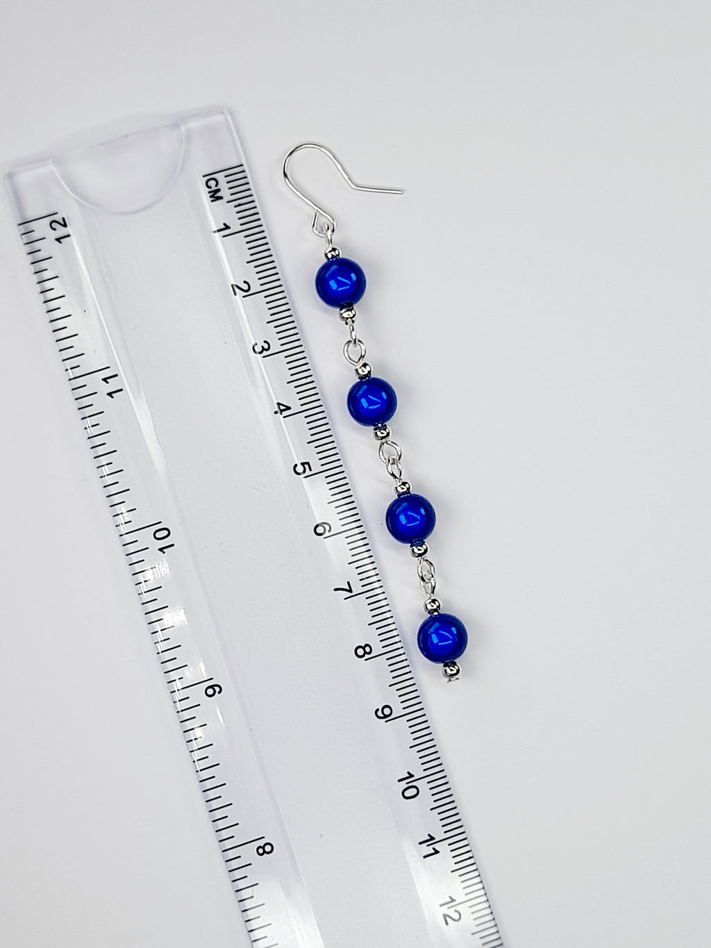 Long Bright Blue Beaded Drop Earrings, Handmade Four Link Dangle Earrings
