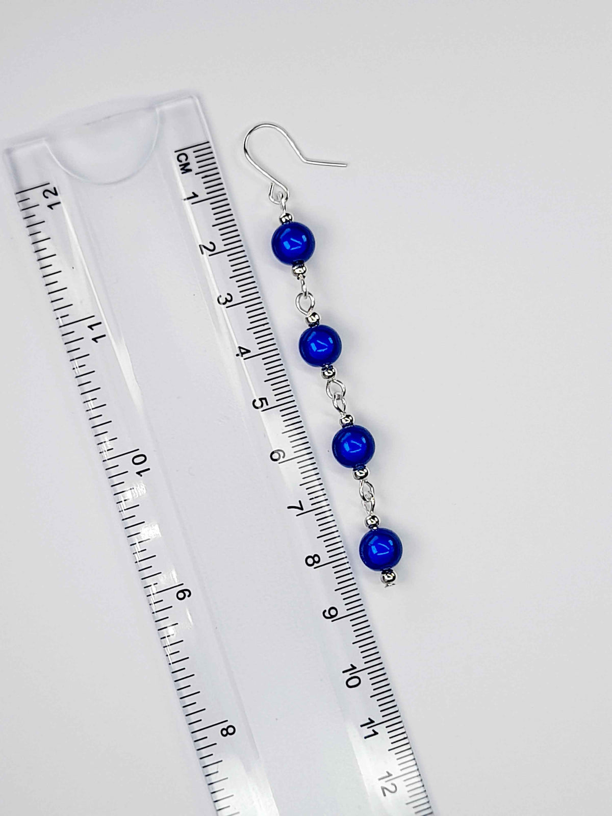 Long Bright Blue Beaded Drop Earrings, Handmade Four Link Dangle Earrings
