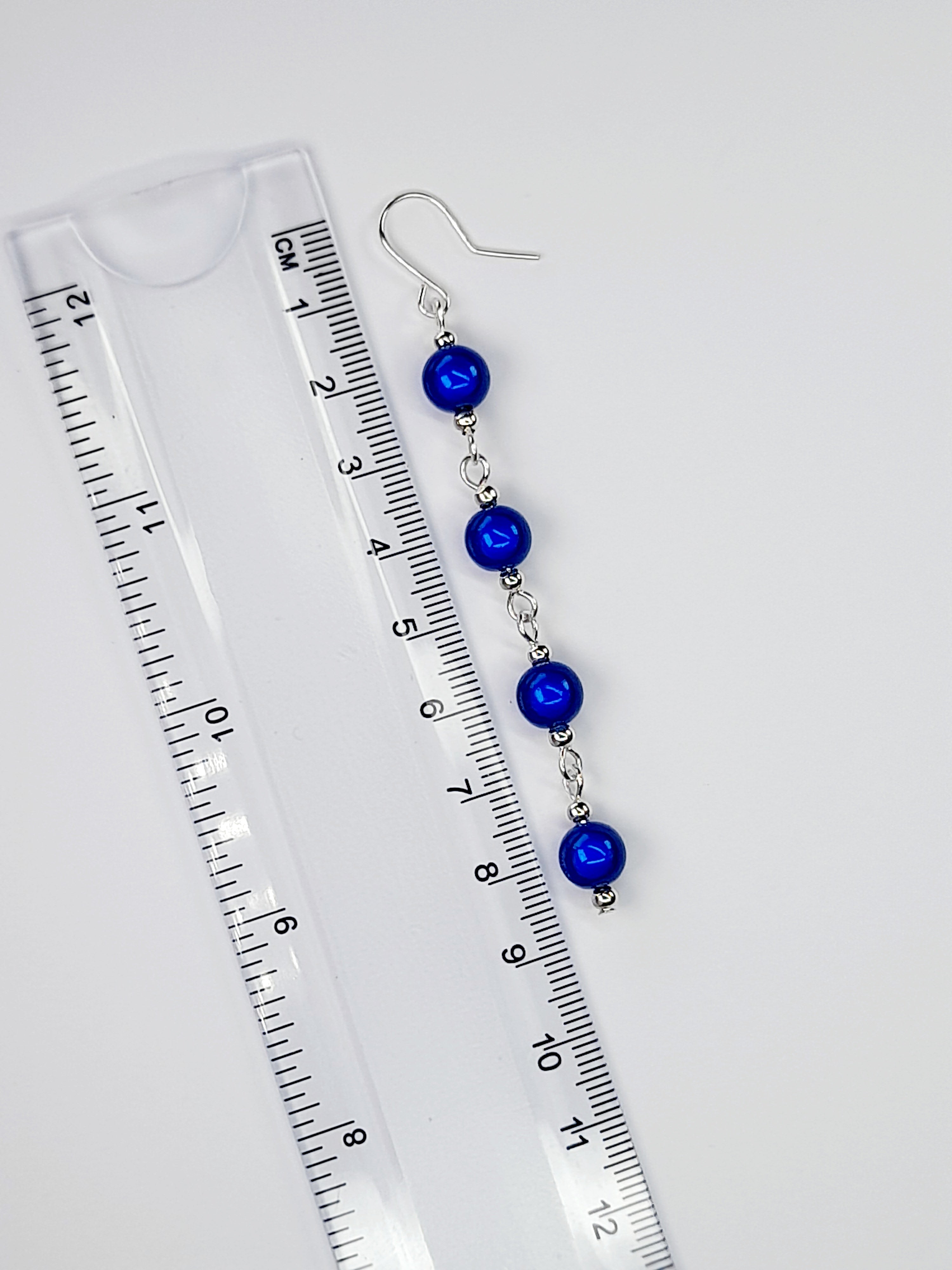 Long Bright Blue Beaded Drop Earrings, Handmade Four Link Dangle Earrings