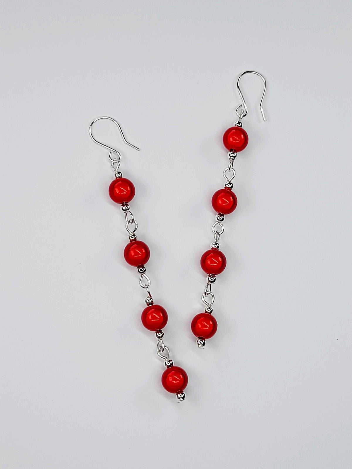 Long Bright Red Beaded Drop Earrings, Handmade Four Link Dangle Earrings