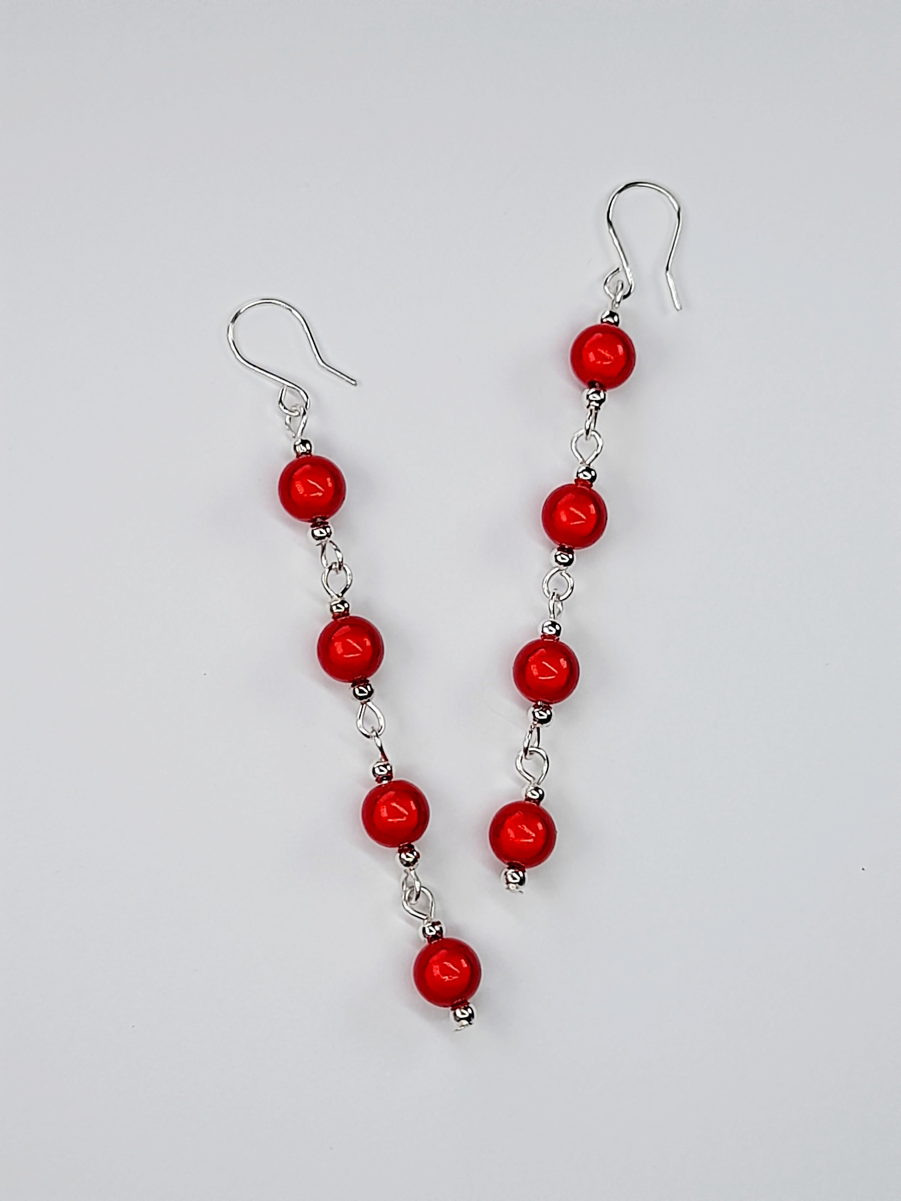 Long Bright Red Beaded Drop Earrings, Handmade Four Link Dangle Earrings