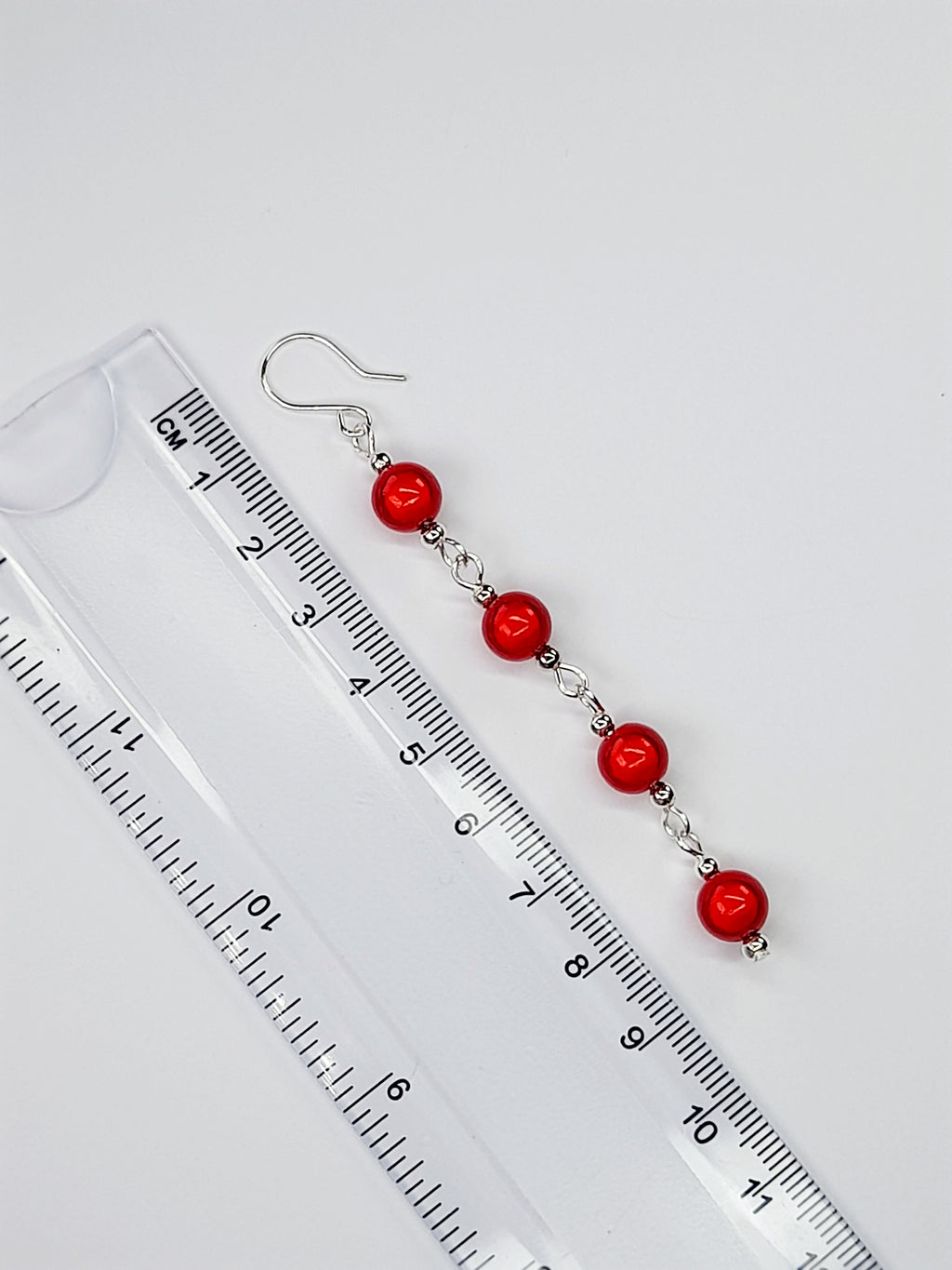 Long Bright Red Beaded Drop Earrings, Handmade Four Link Dangle Earrings