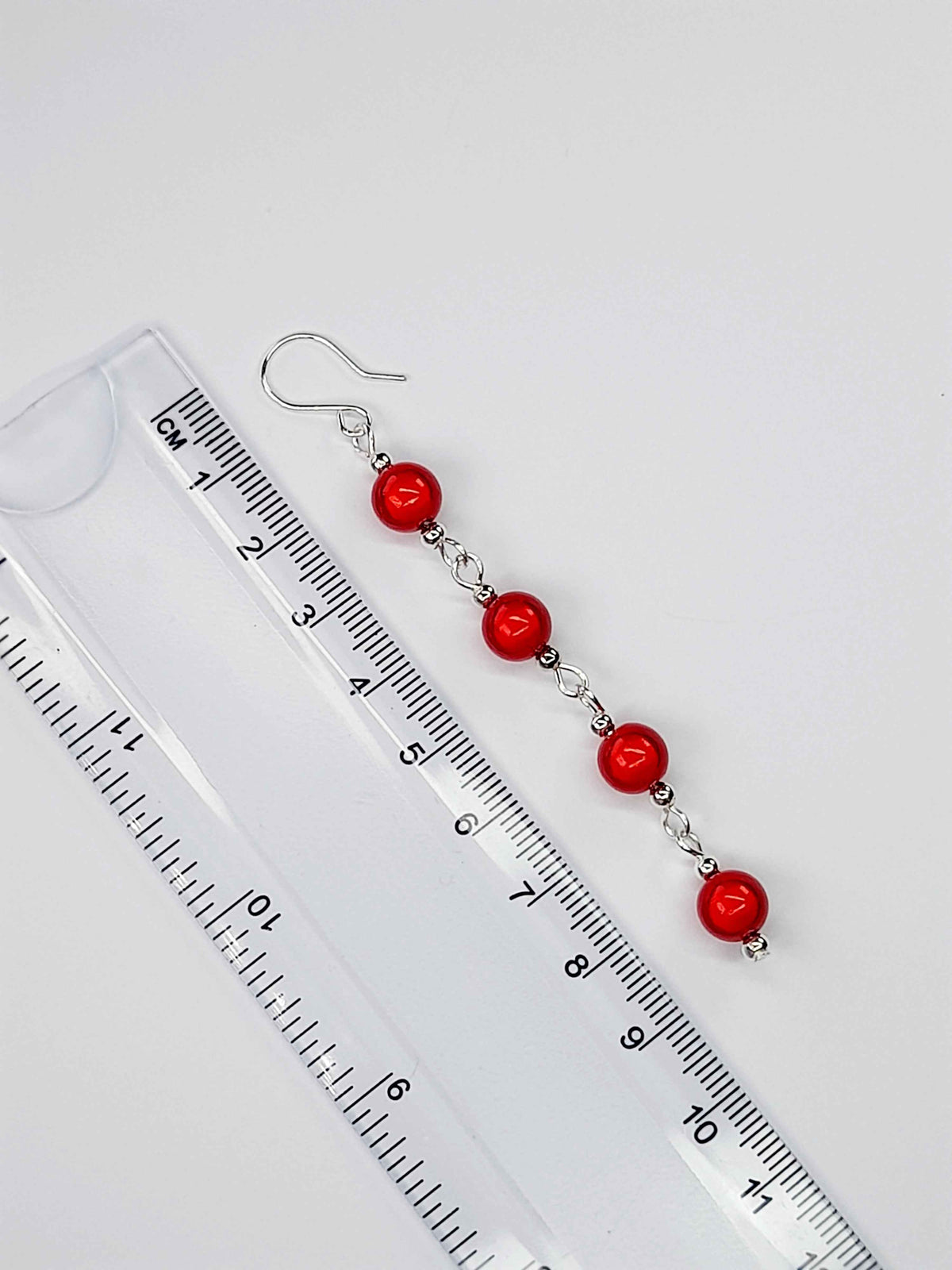 Long Bright Red Beaded Drop Earrings, Handmade Four Link Dangle Earrings