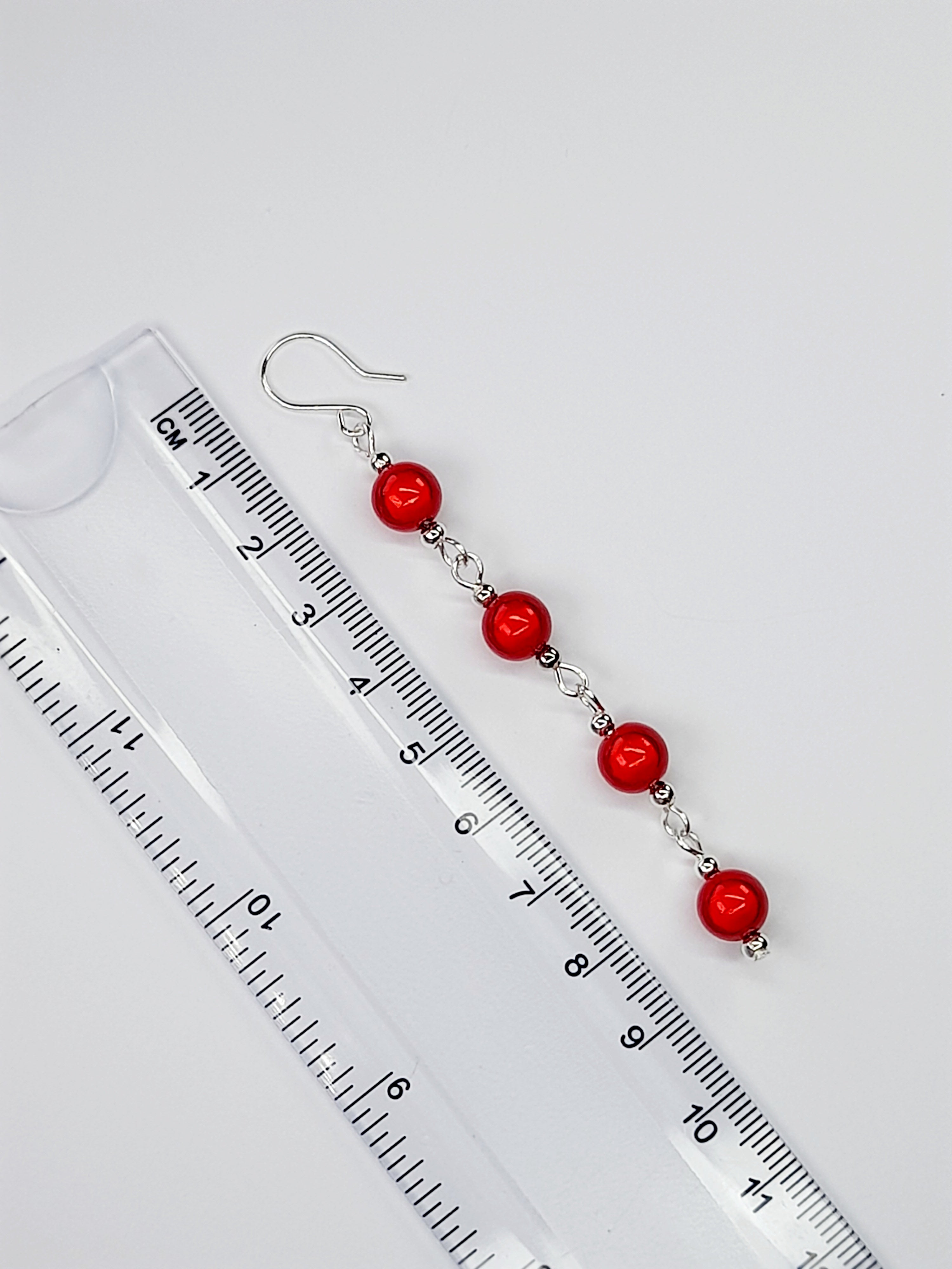Long Bright Red Beaded Drop Earrings, Handmade Four Link Dangle Earrings