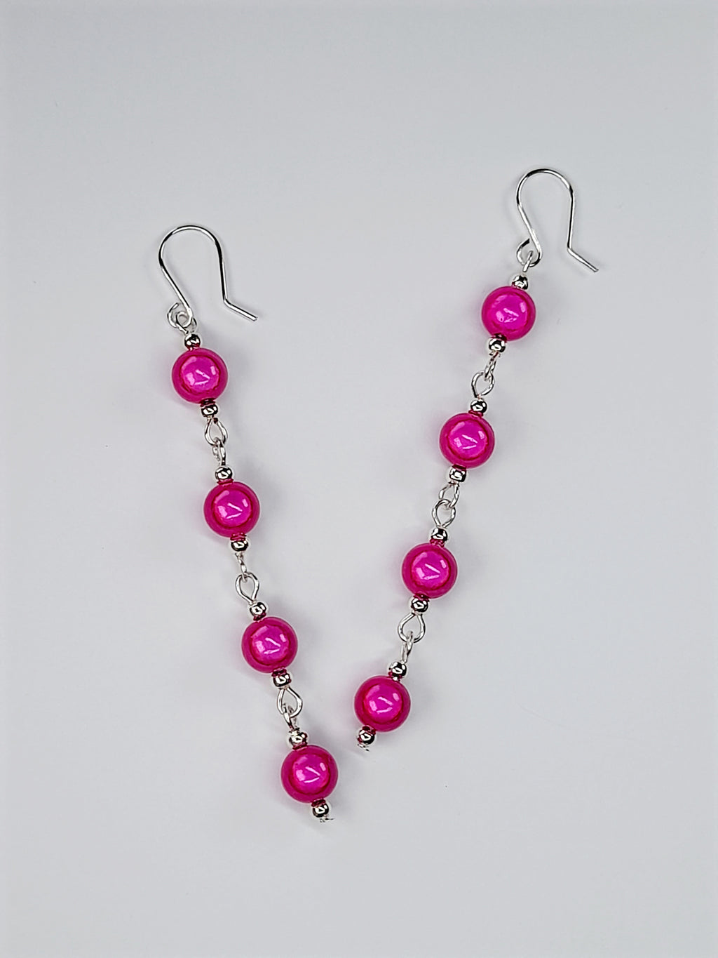 Long Pink Beaded Drop Earrings, Handmade Four Link Dangle Earrings