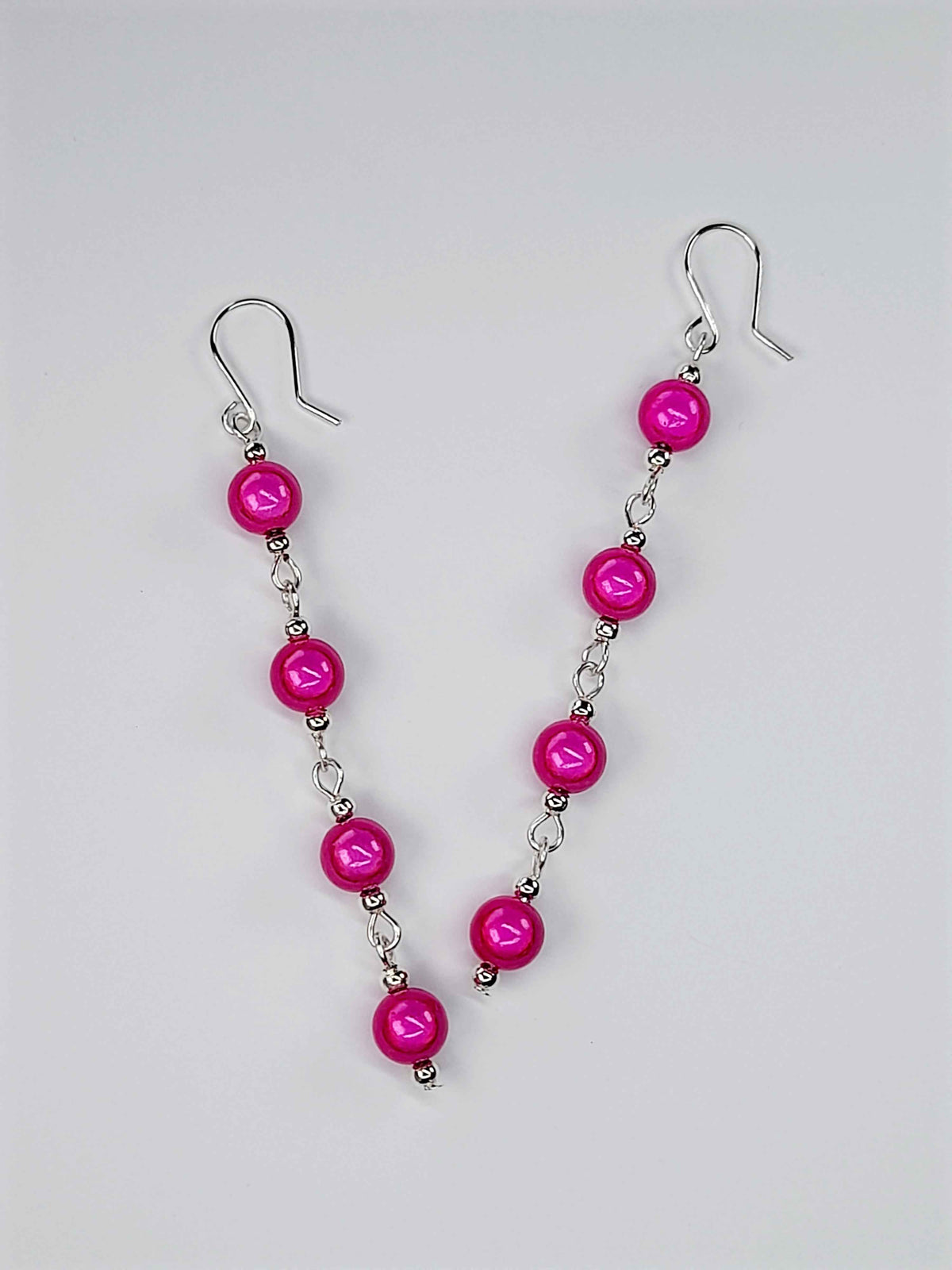 Long Pink Beaded Drop Earrings, Handmade Four Link Dangle Earrings