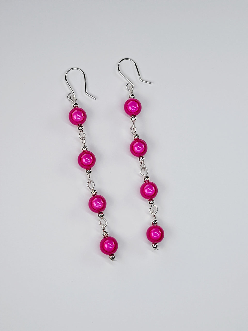 Long Pink Beaded Drop Earrings, Handmade Four Link Dangle Earrings