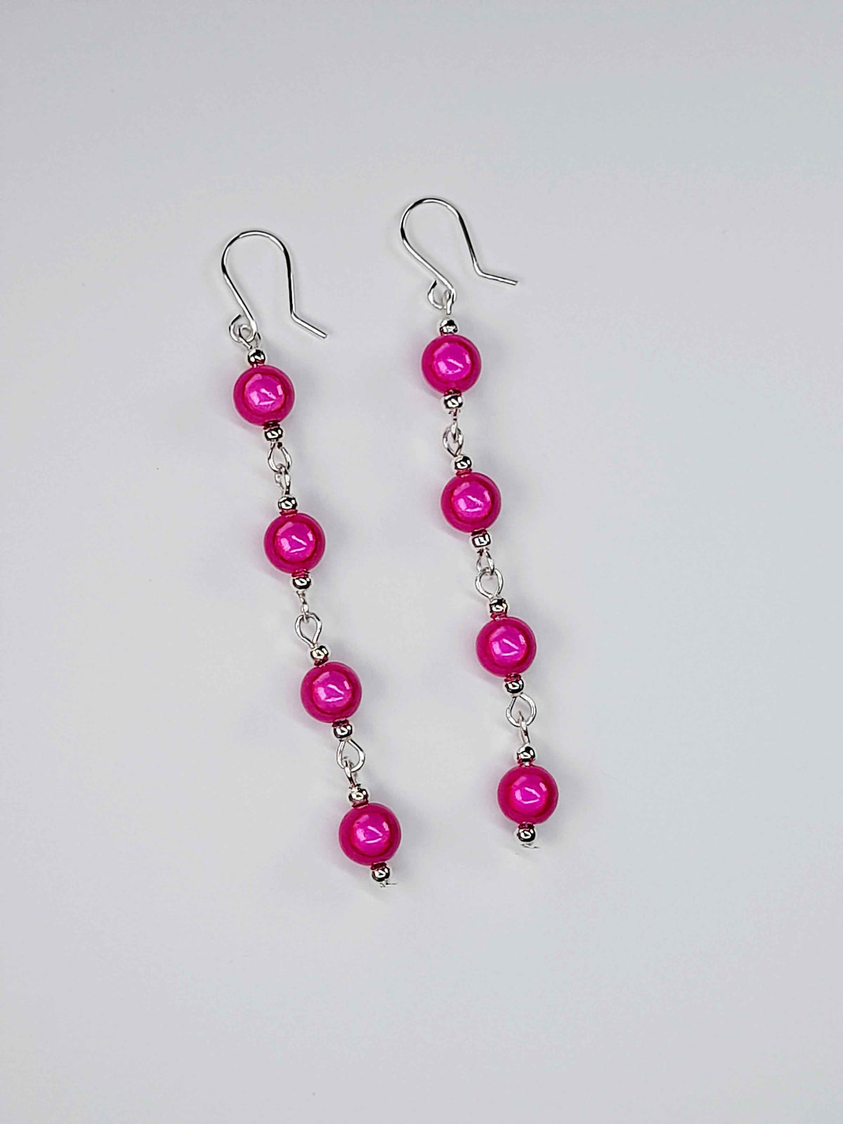 Long Pink Beaded Drop Earrings, Handmade Four Link Dangle Earrings