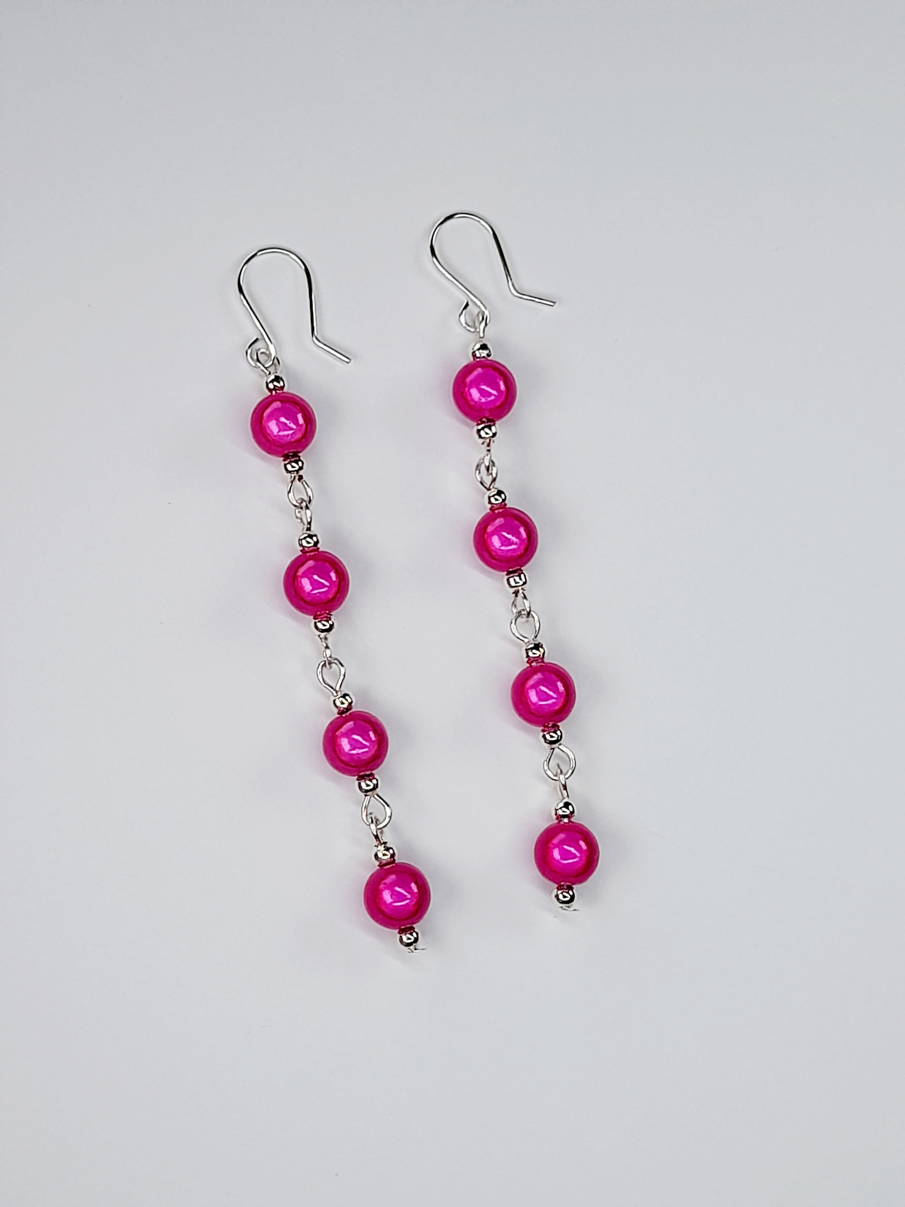 Long Pink Beaded Drop Earrings, Handmade Four Link Dangle Earrings