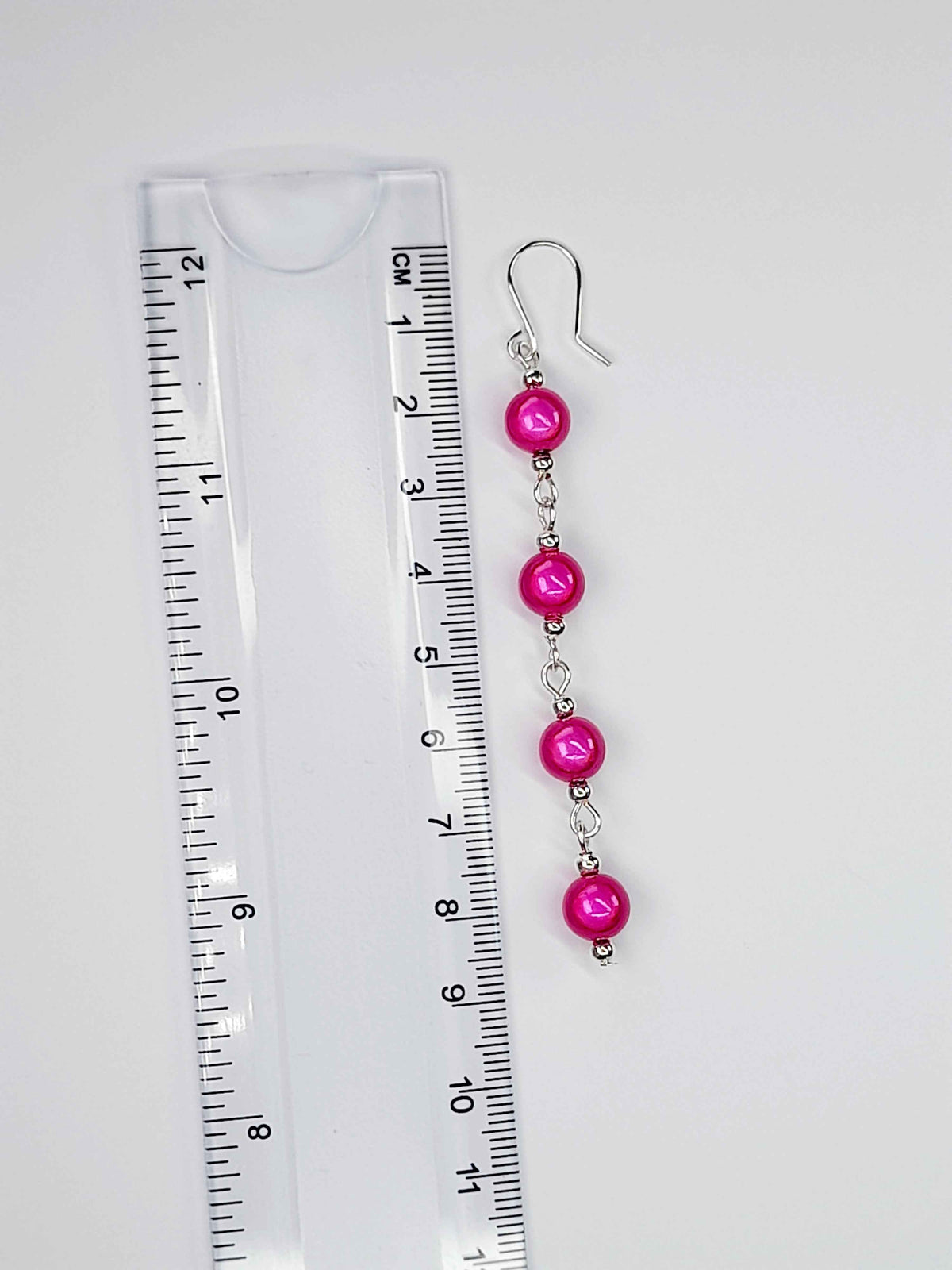 Long Pink Beaded Drop Earrings, Handmade Four Link Dangle Earrings
