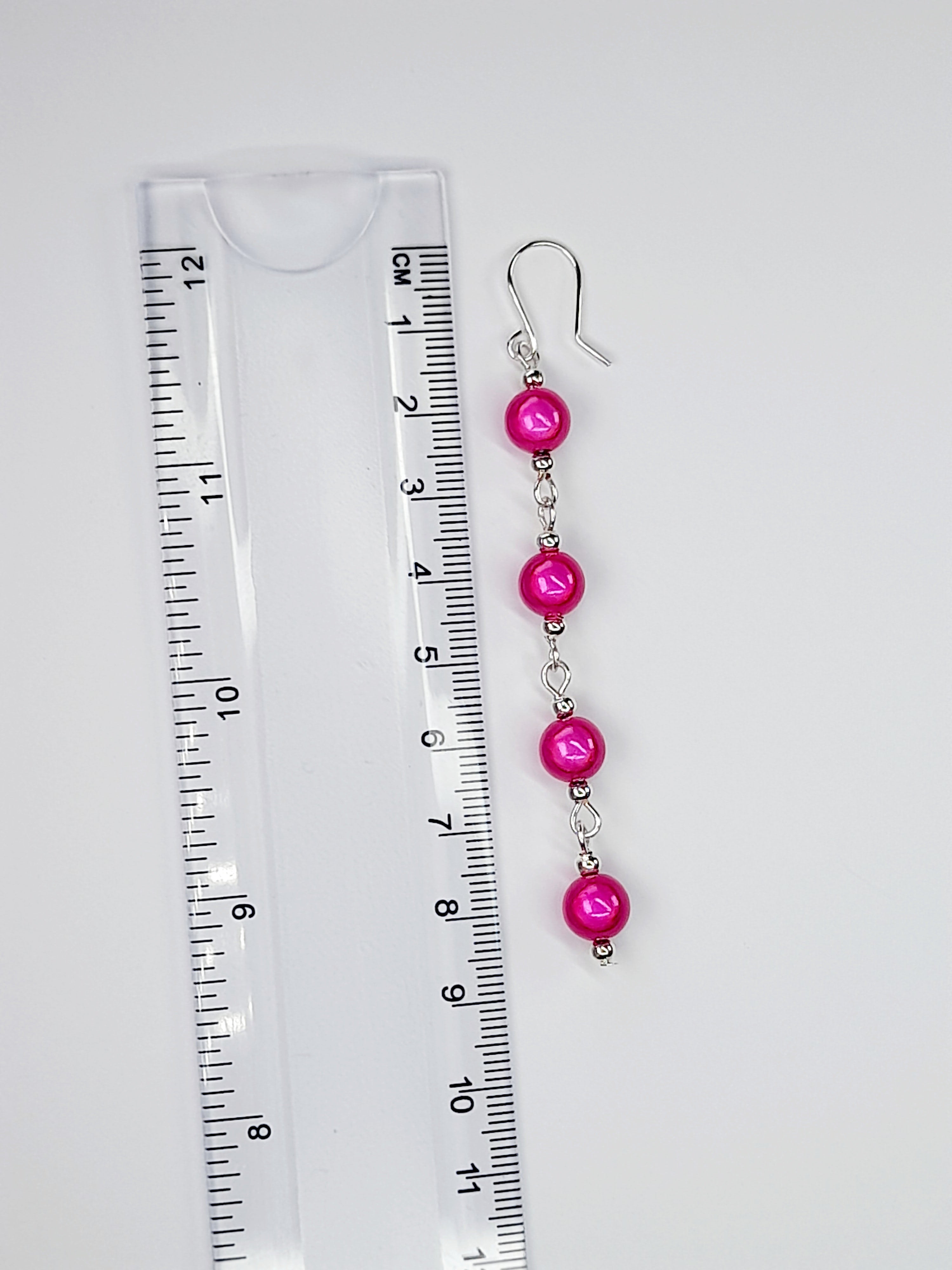 Long Pink Beaded Drop Earrings, Handmade Four Link Dangle Earrings