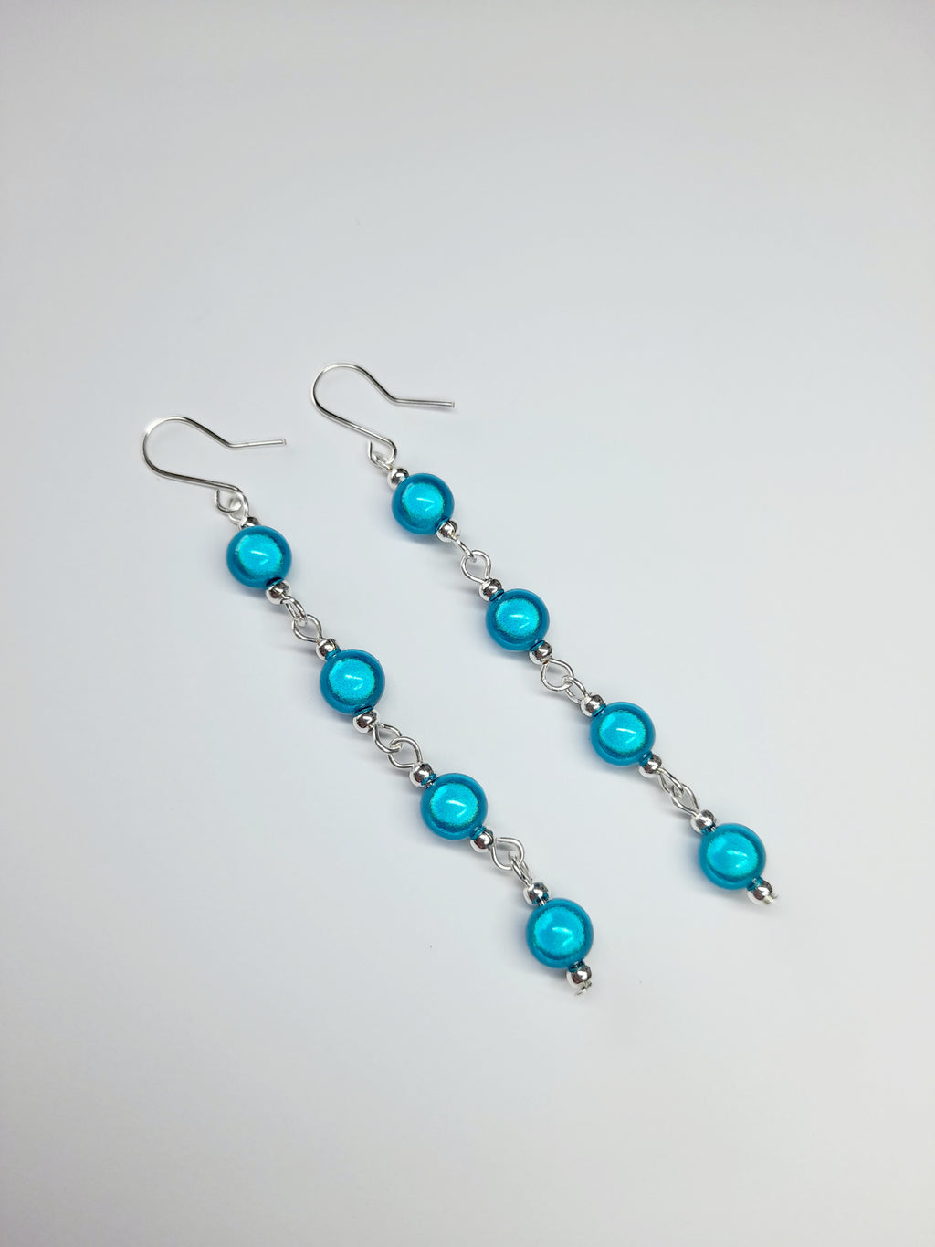 Long Bright Turquoise Beaded Drop Earrings, Handmade Four Link Dangle Earrings