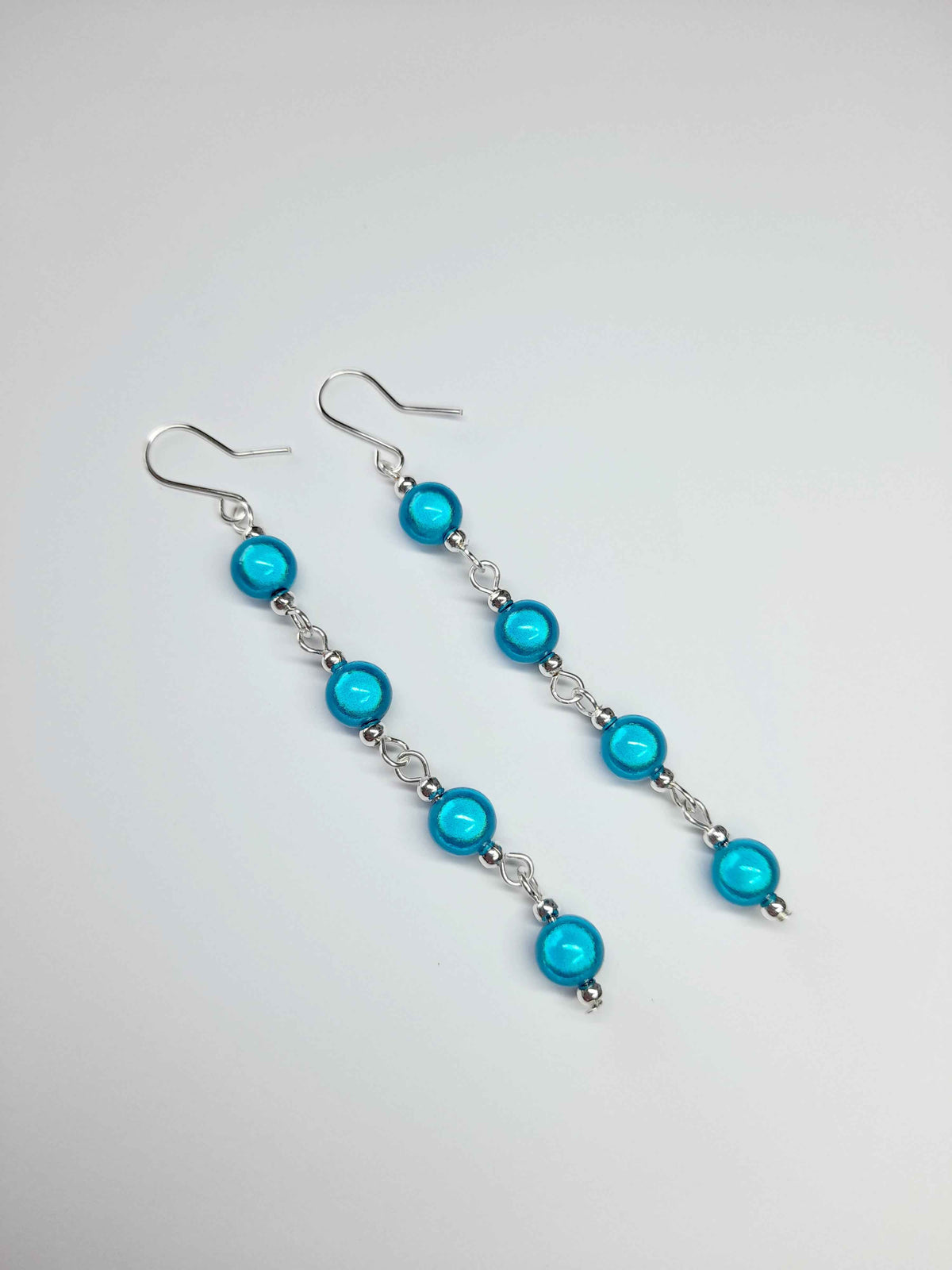 Long Bright Turquoise Beaded Drop Earrings, Handmade Four Link Dangle Earrings