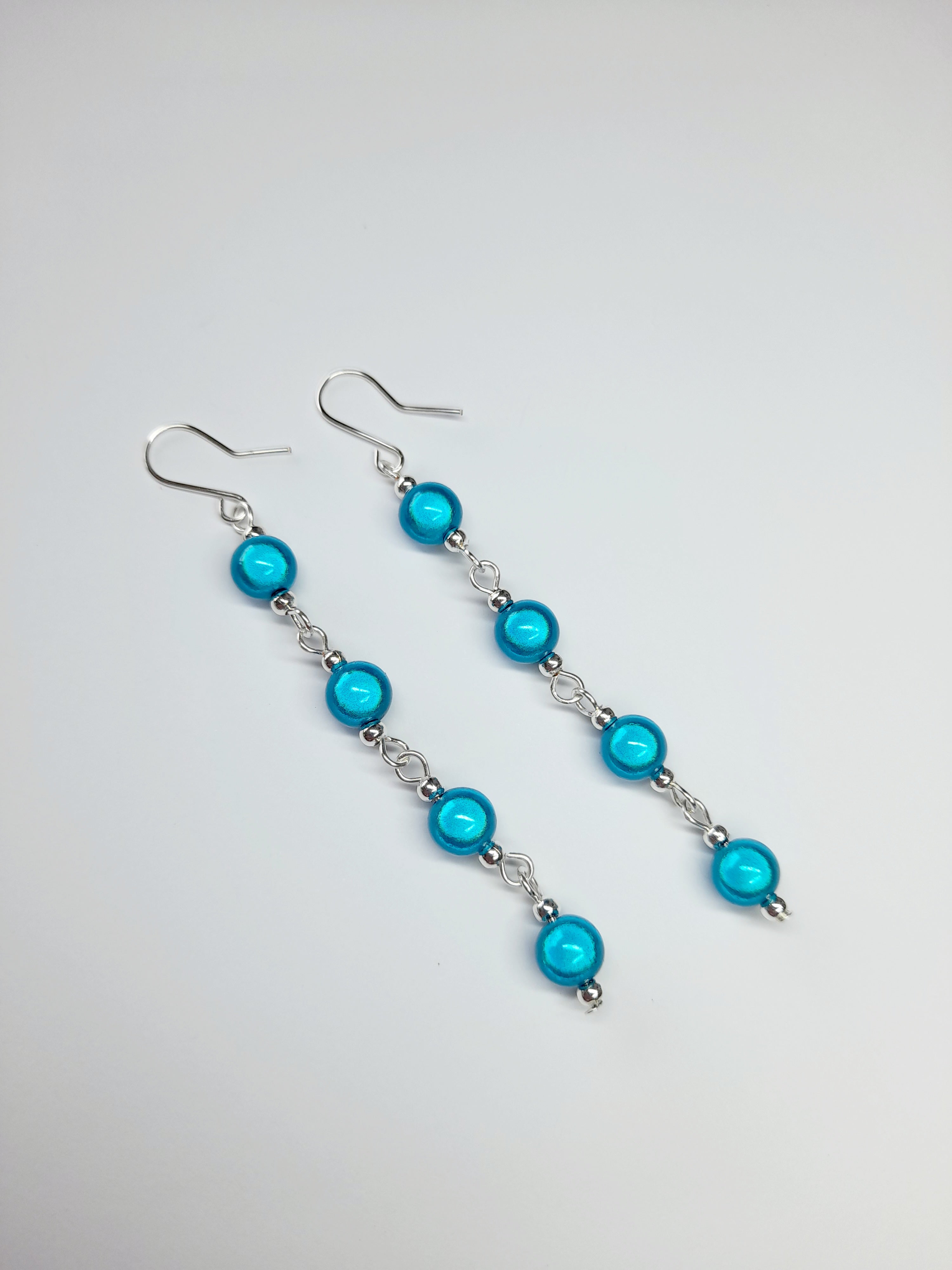 Long Bright Turquoise Beaded Drop Earrings, Handmade Four Link Dangle Earrings