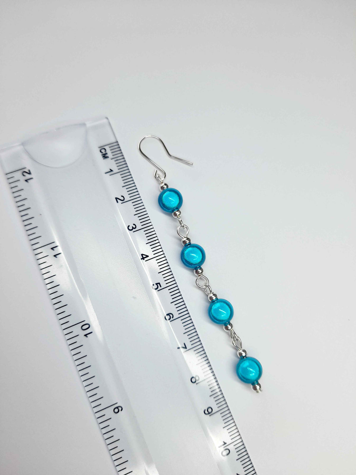 Long Bright Turquoise Beaded Drop Earrings, Handmade Four Link Dangle Earrings