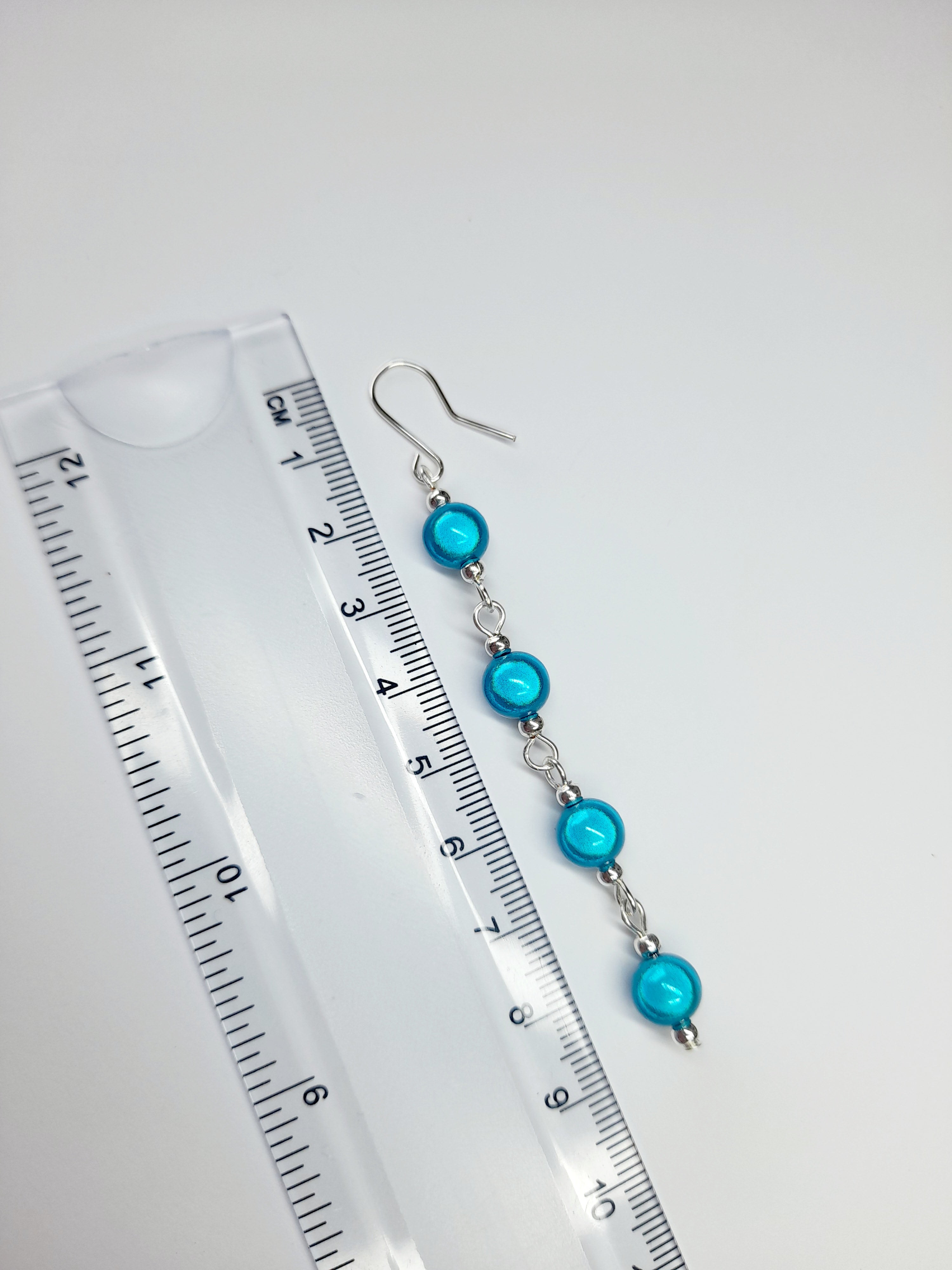 Long Bright Turquoise Beaded Drop Earrings, Handmade Four Link Dangle Earrings