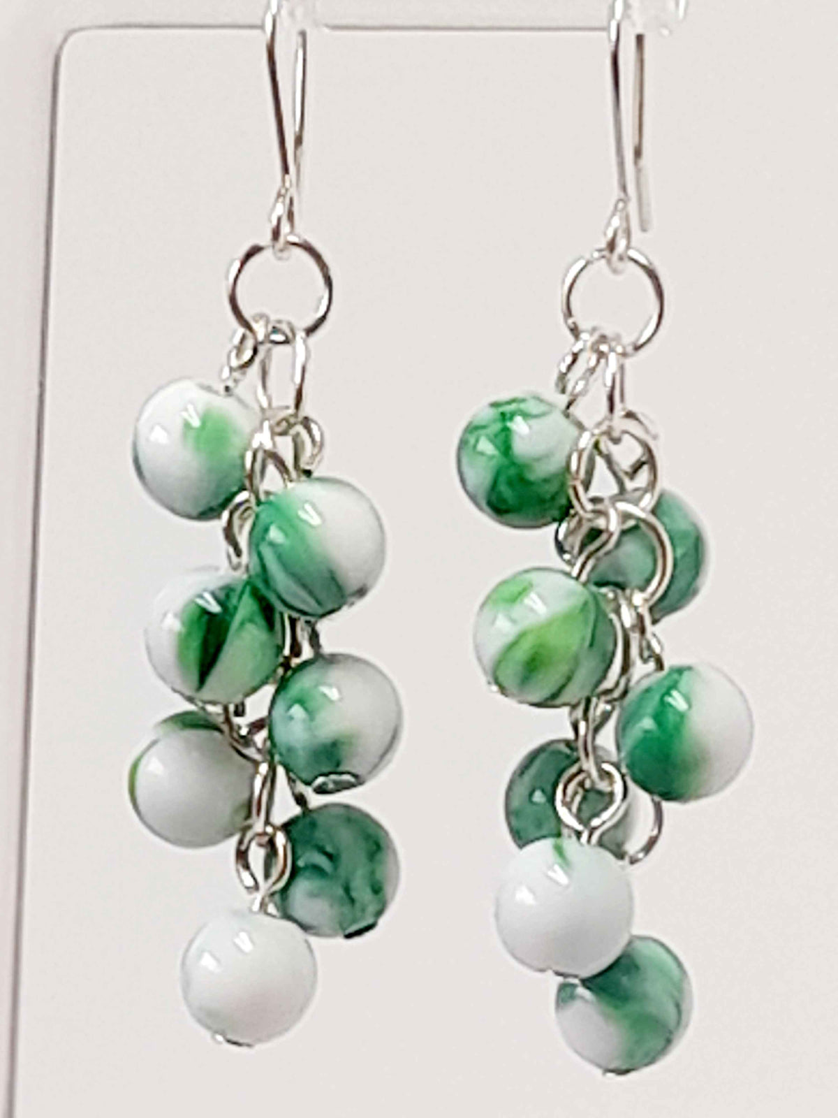 Handmade Green and White Marbled Bead Cluster Earrings