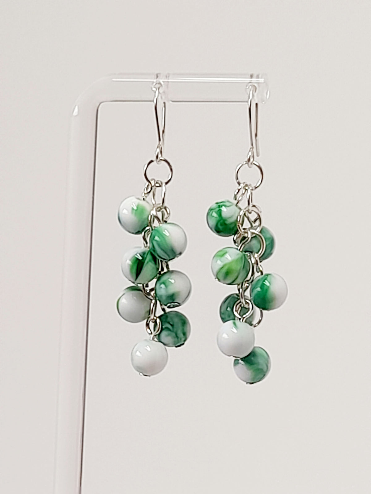 Handmade Green and White Marbled Bead Cluster Earrings