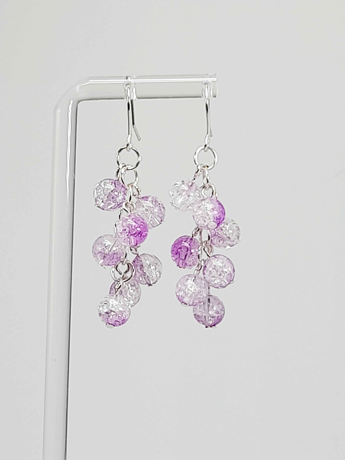 Handmade Purple Crackle Glass Bead Dangle Earrings, Silver Plated