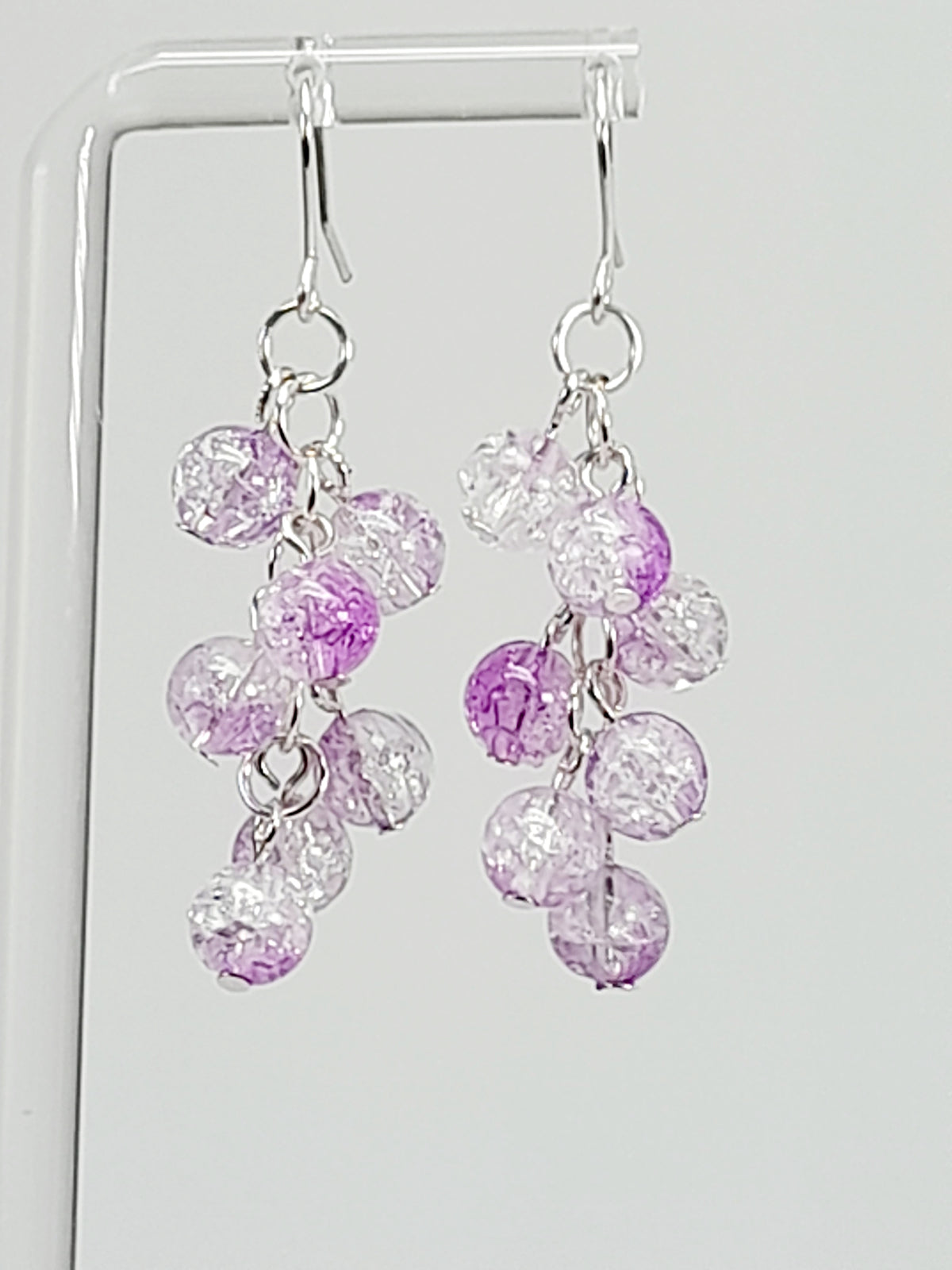 Handmade Purple Crackle Glass Bead Dangle Earrings, Silver Plated