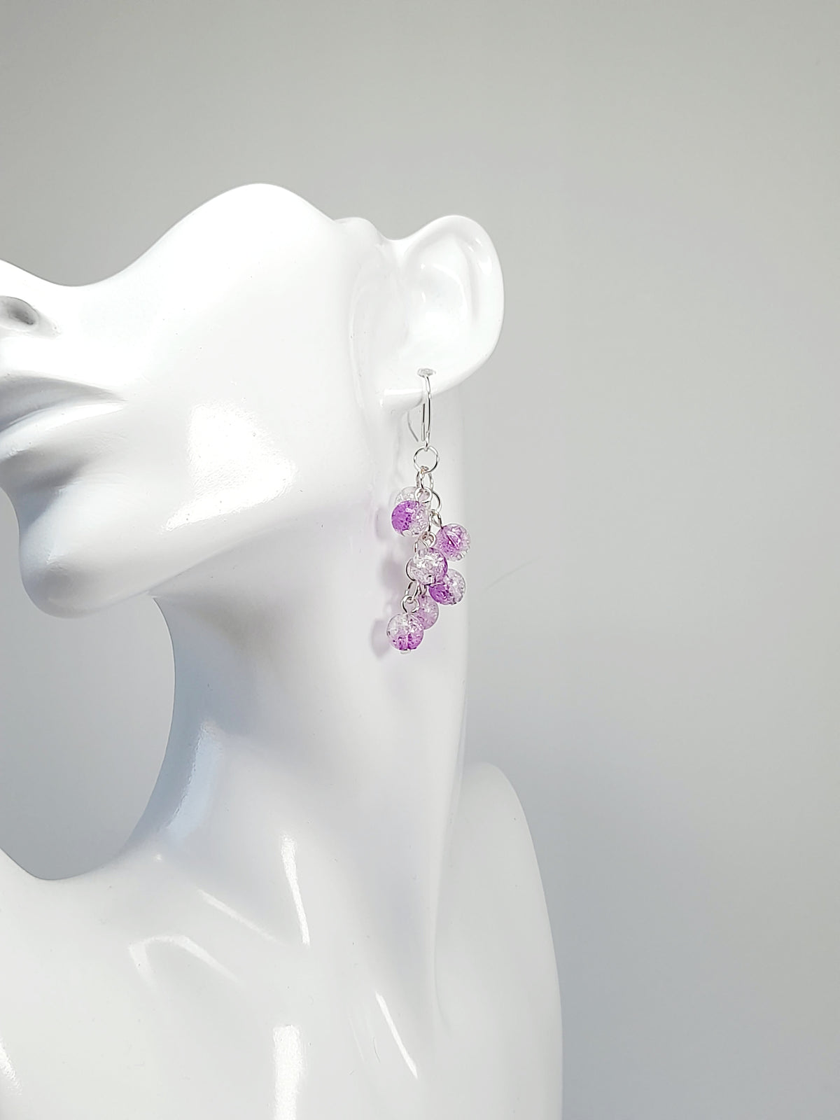 Handmade Purple Crackle Glass Bead Dangle Earrings, Silver Plated