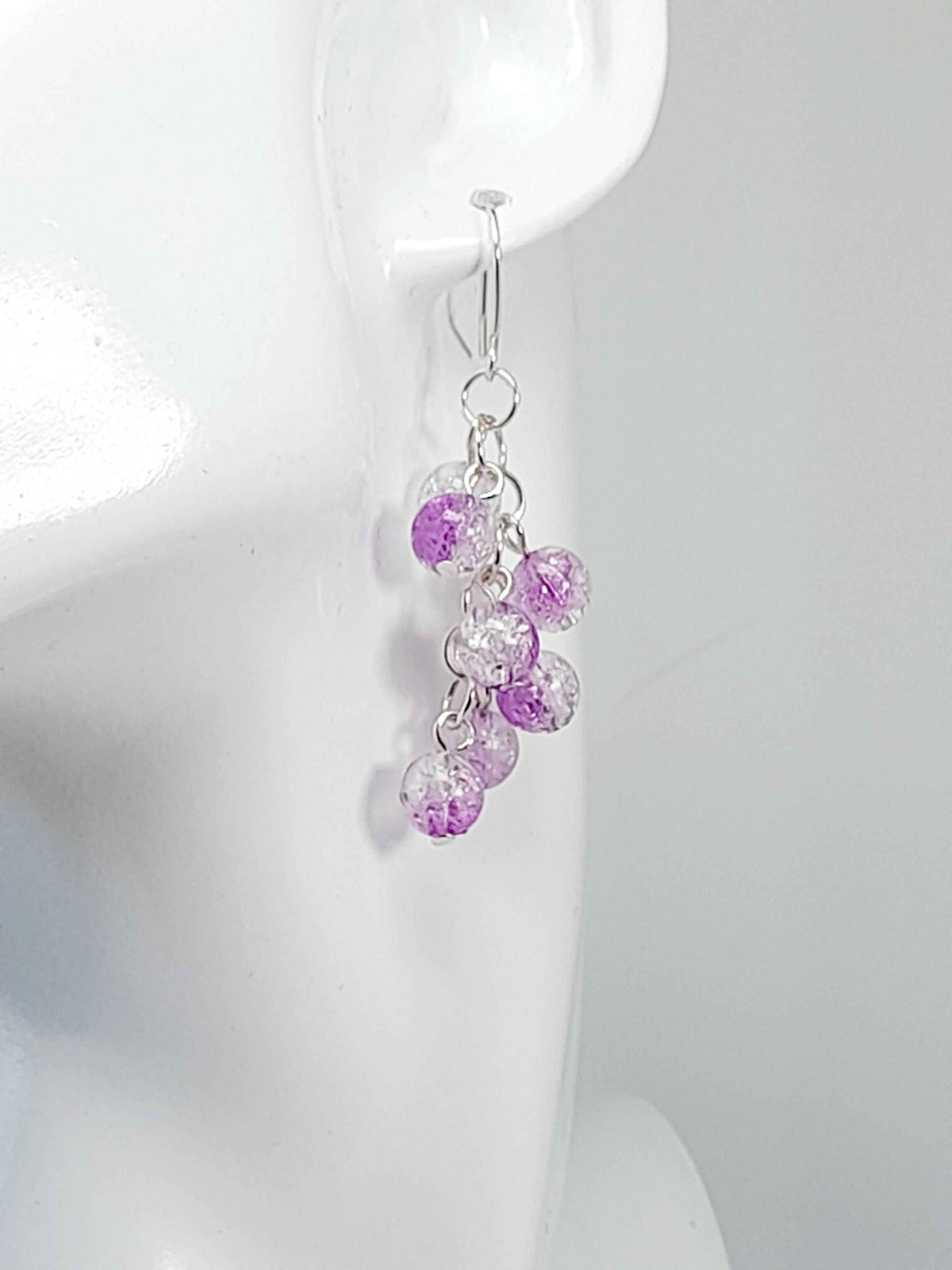 Handmade Purple Crackle Glass Bead Dangle Earrings, Silver Plated