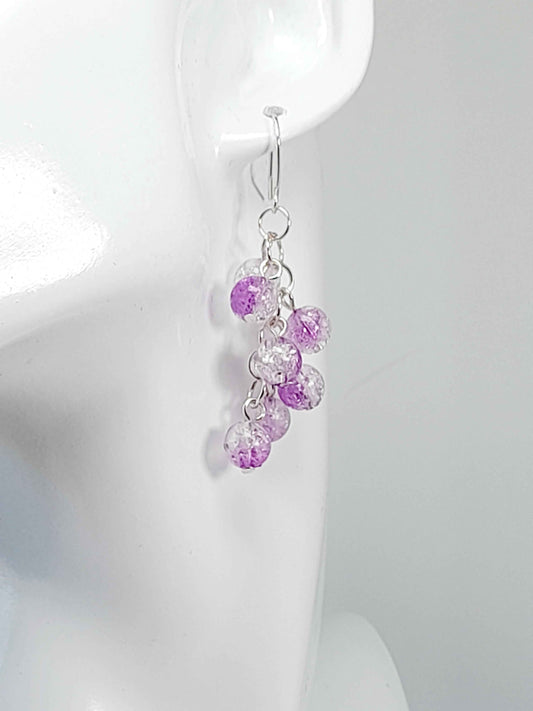 Handmade Purple Crackle Glass Bead Dangle Earrings, Silver Plated
