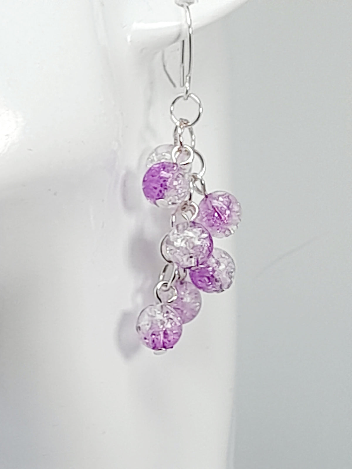 Handmade Purple Crackle Glass Bead Dangle Earrings, Silver Plated